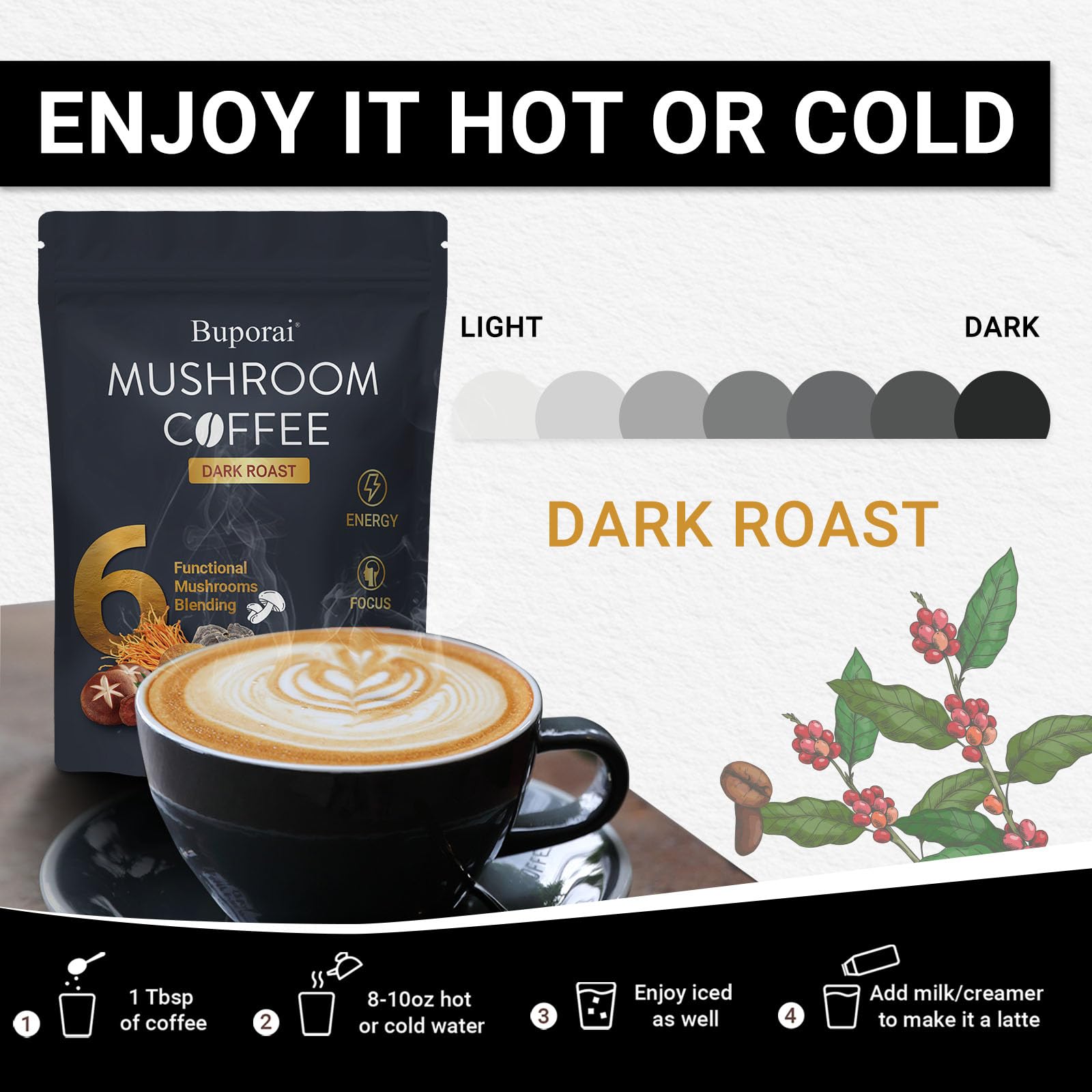 Buporai Mushroom Coffee Blend with milk and sweetener