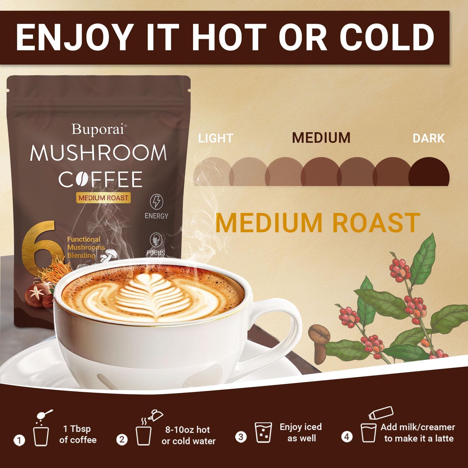 Buporai Mushroom Coffee served in a glass