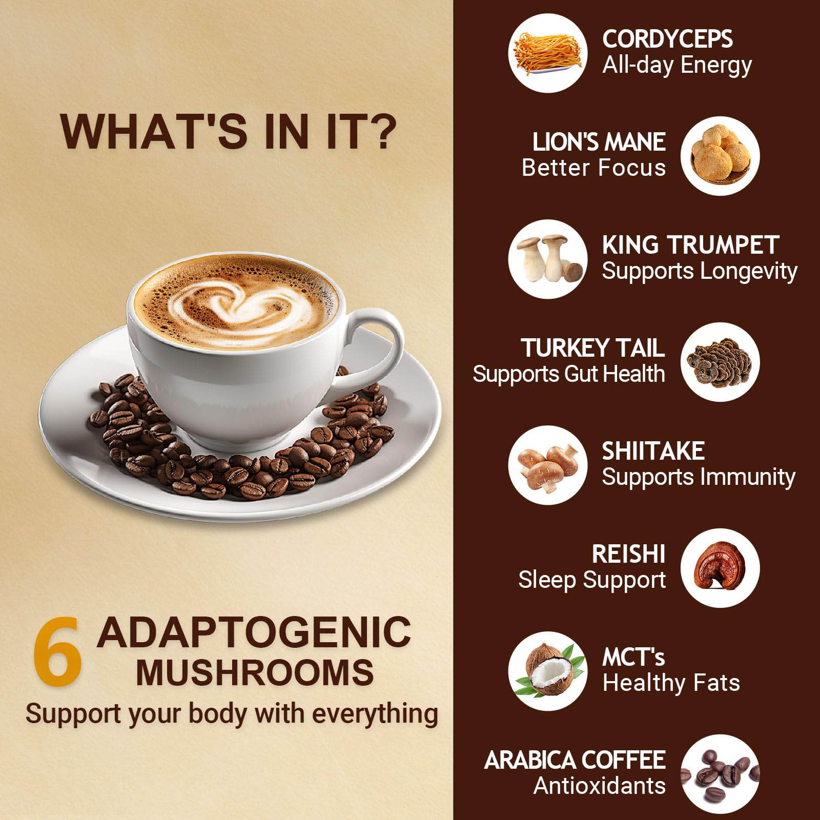 Buporai Mushroom Coffee with milk and coffee beans