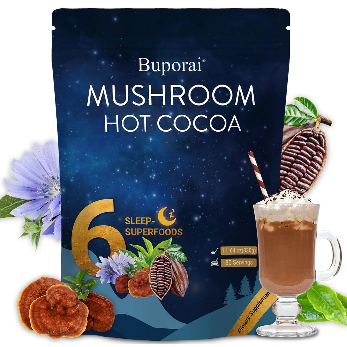 Buporai Mushroom Hot Cocoa Powder 349g front view