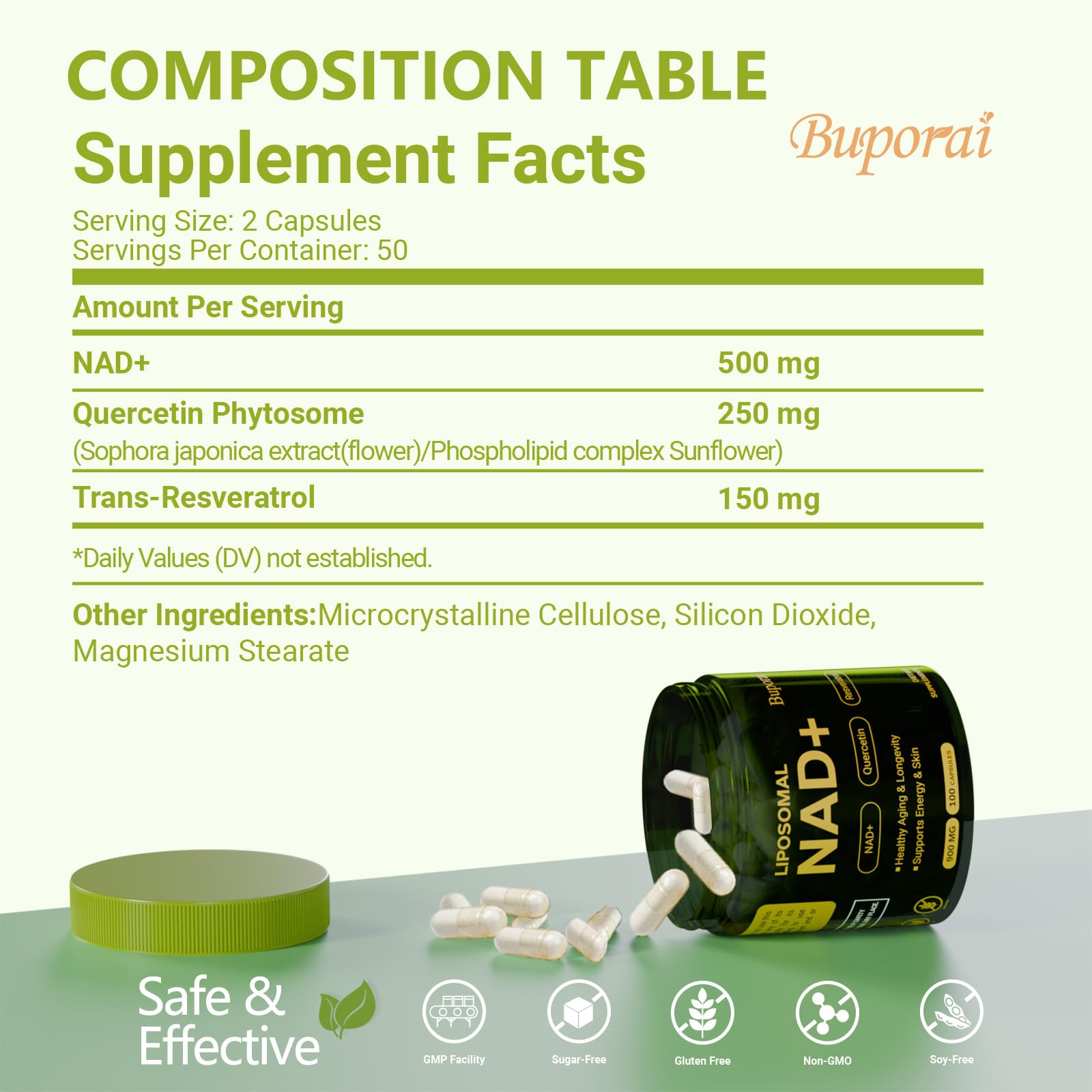 Buporai NAD Supplement 900mg capsules on a table