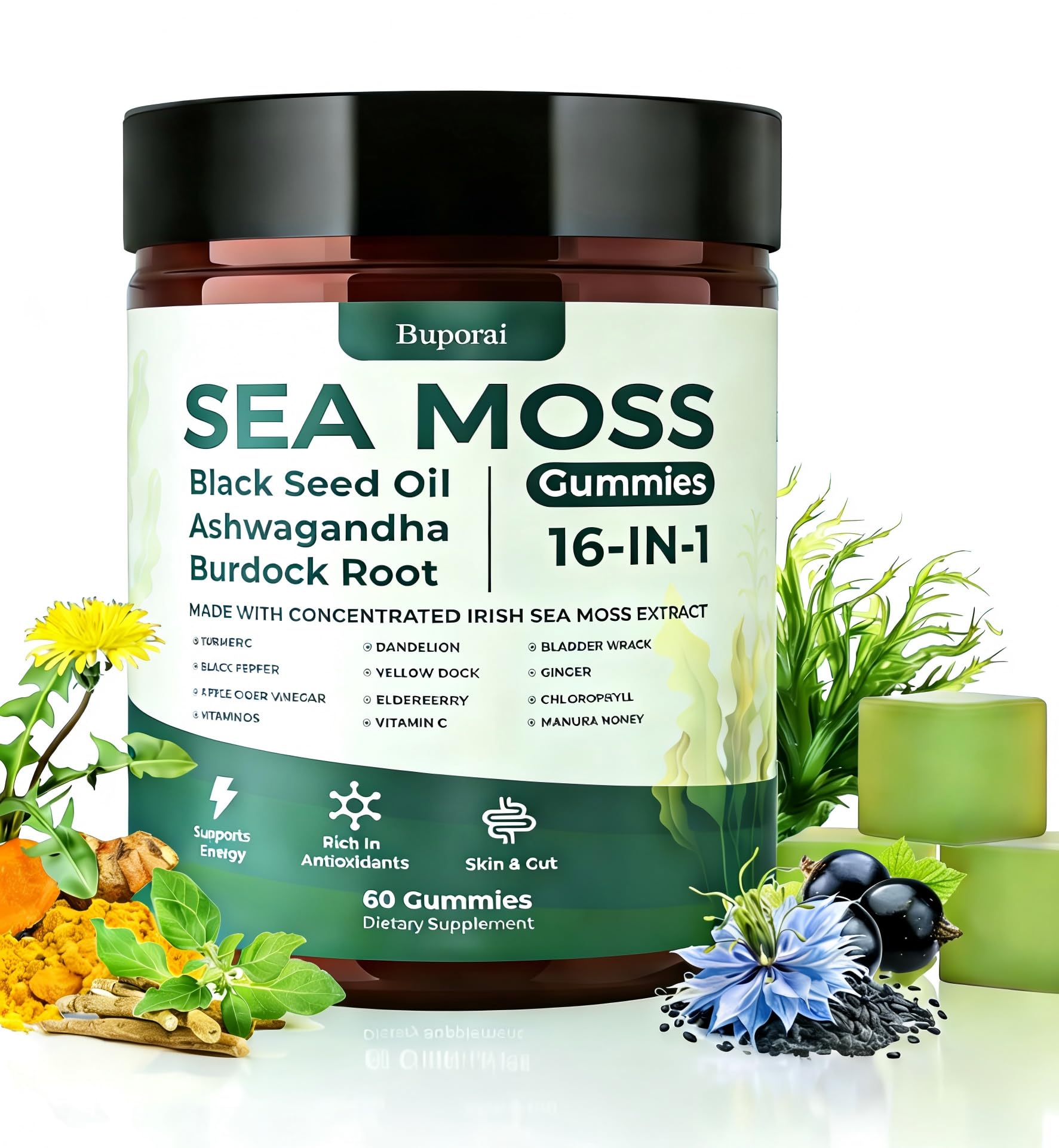 Buporai Sea Moss Gummies bottle front view with 60 gummies