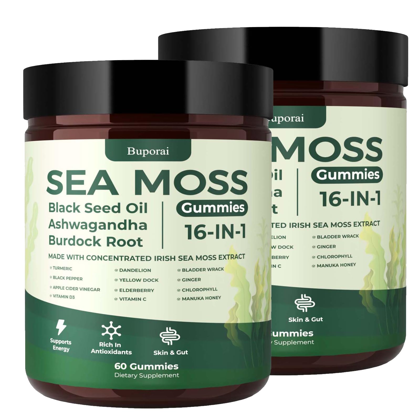 Buporai Sea Moss Gummies bottle front view with 60 gummies
