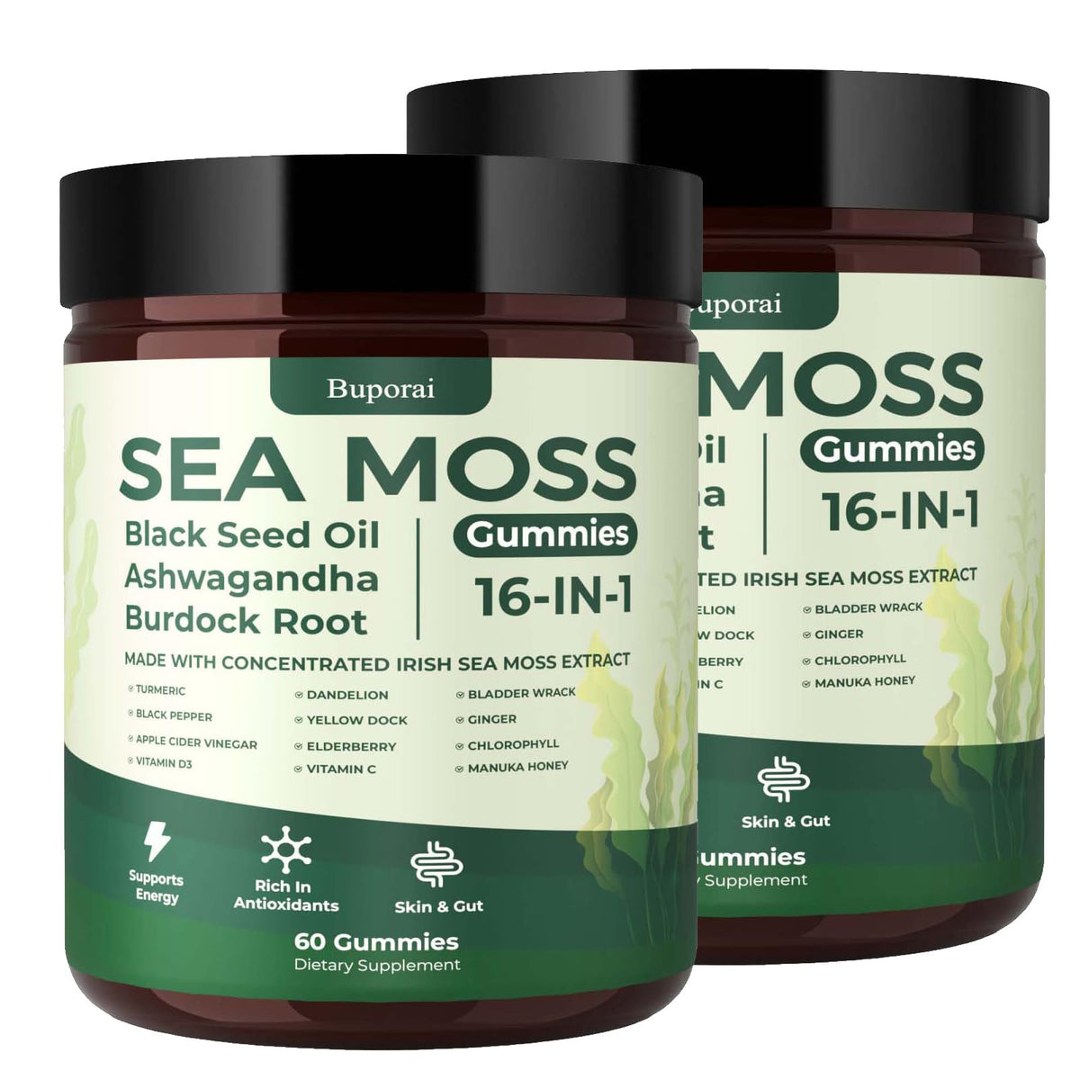 Buporai Sea Moss Gummies bottle front view with 60 gummies