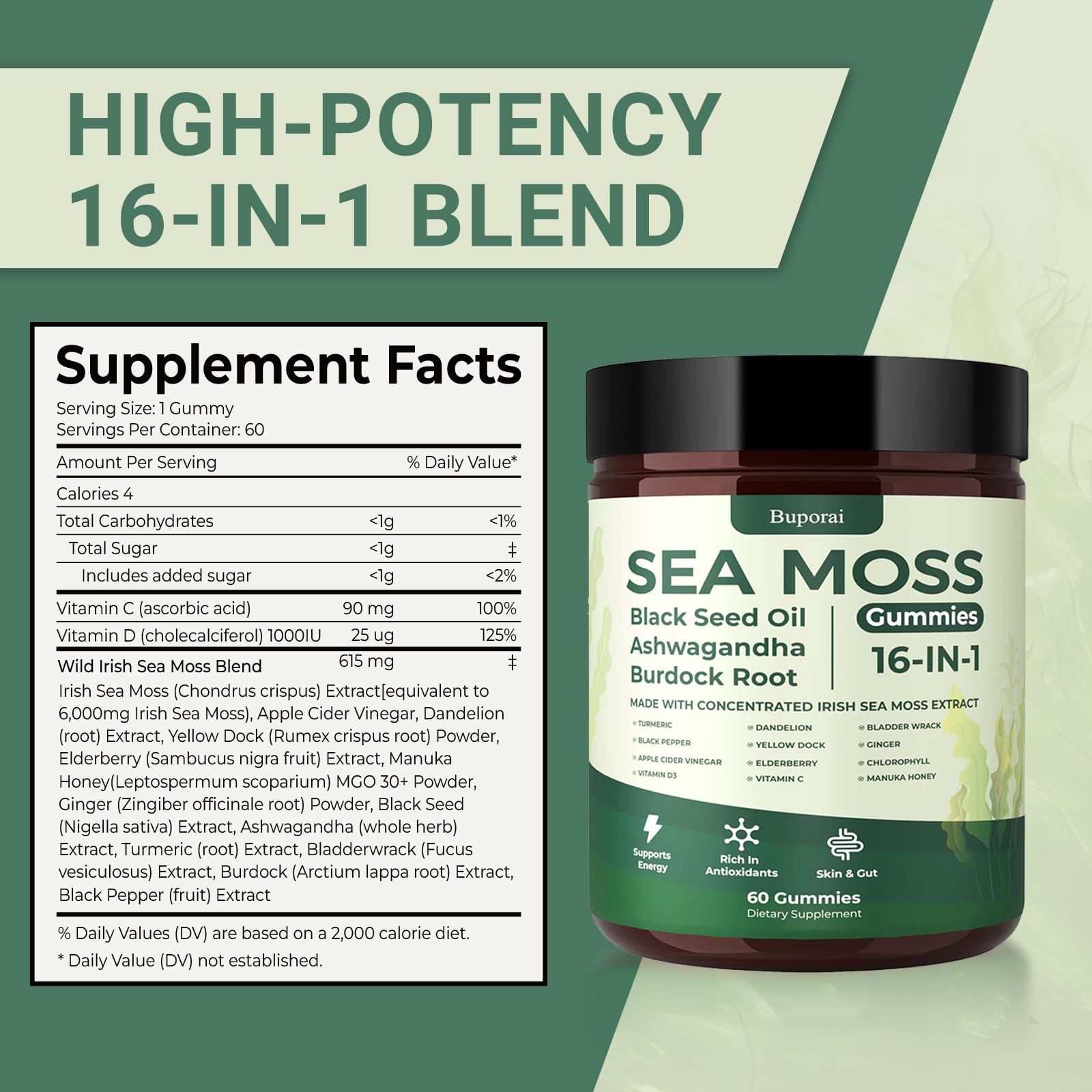 Buporai Sea Moss Gummies showing gummy texture and colour