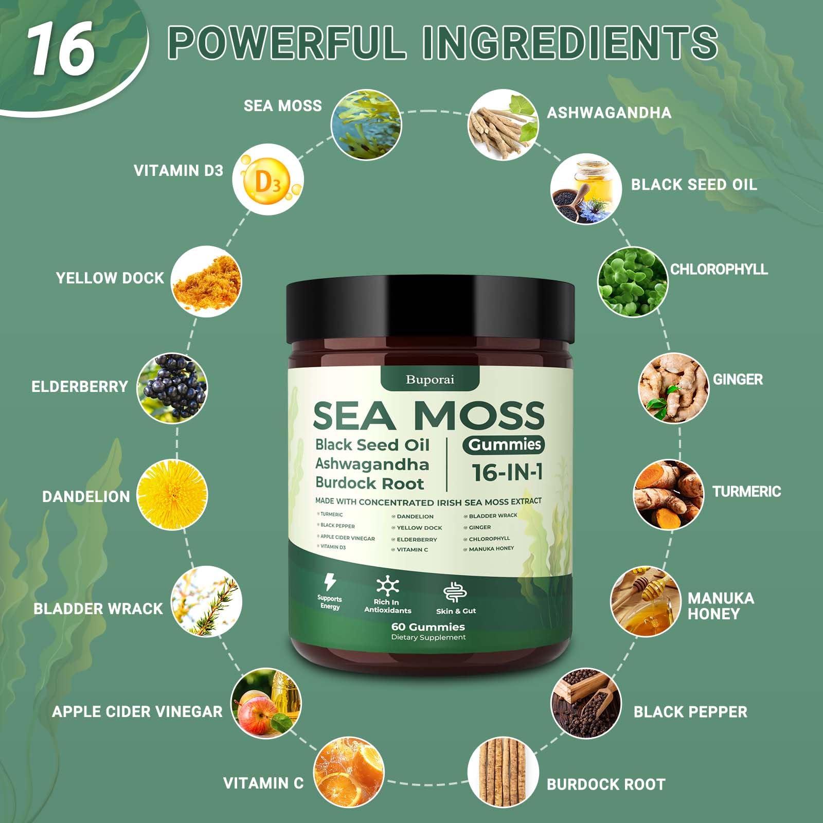 Buporai Sea Moss Gummies side view showing ingredients