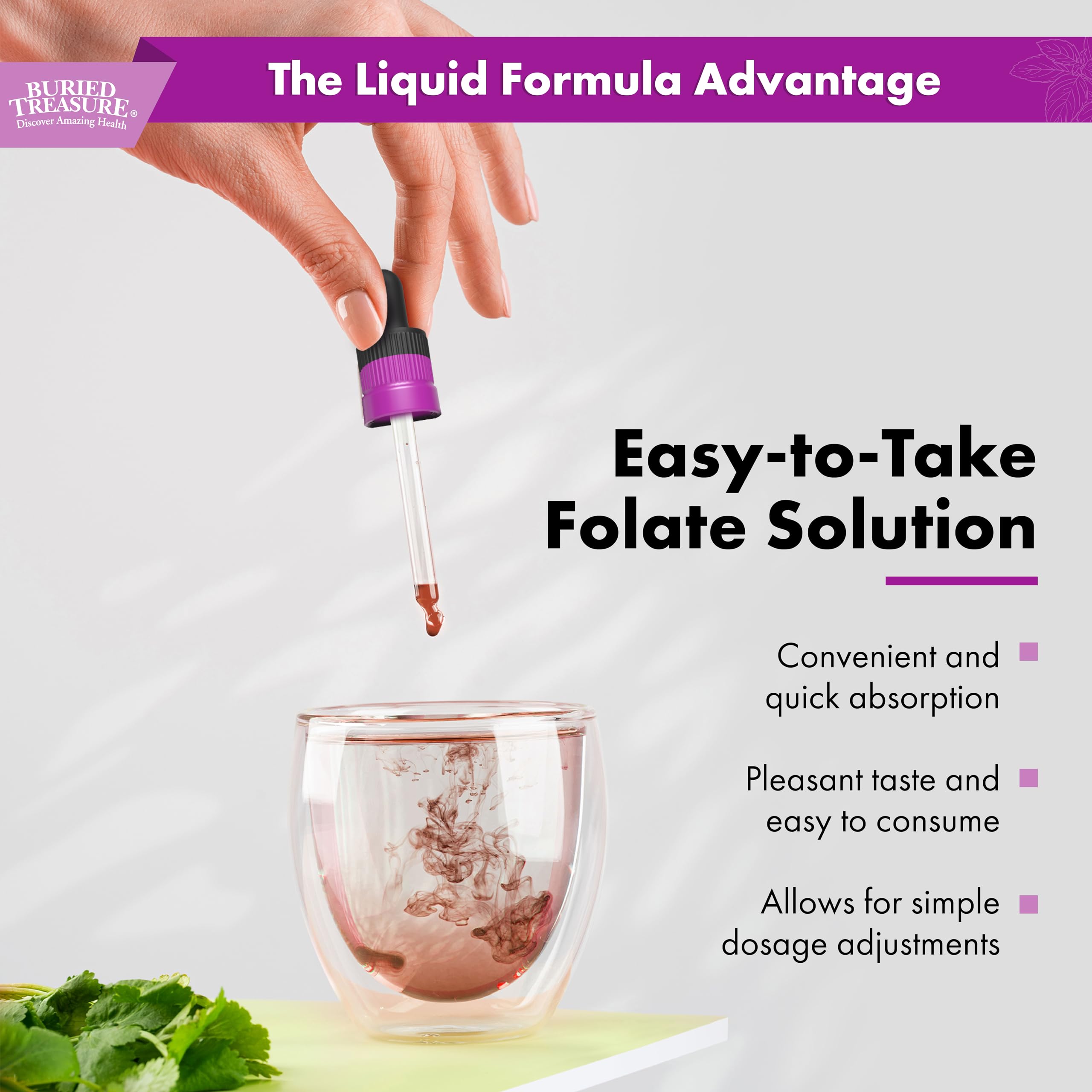 Buried Treasure Folate Drops 500 mcg B9 liquid supplement bottle with dropper