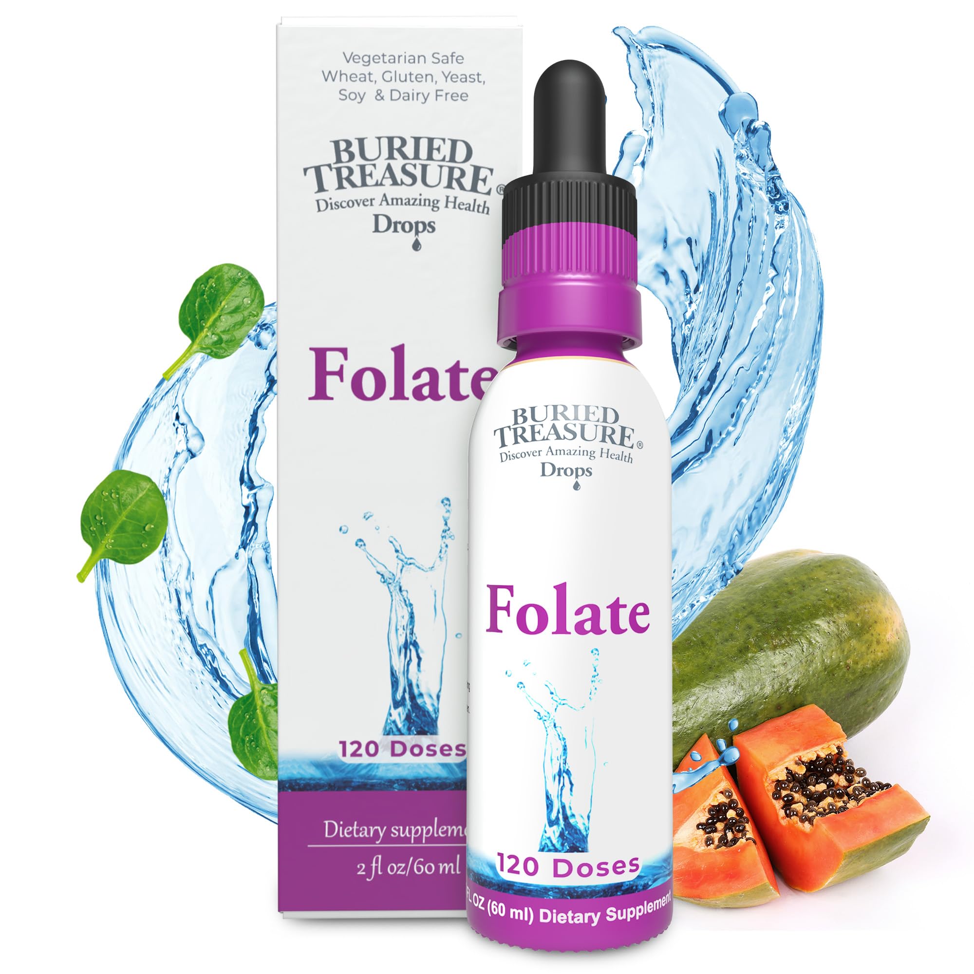 Buried Treasure Folate Drops 500 mcg B9 liquid supplement front view