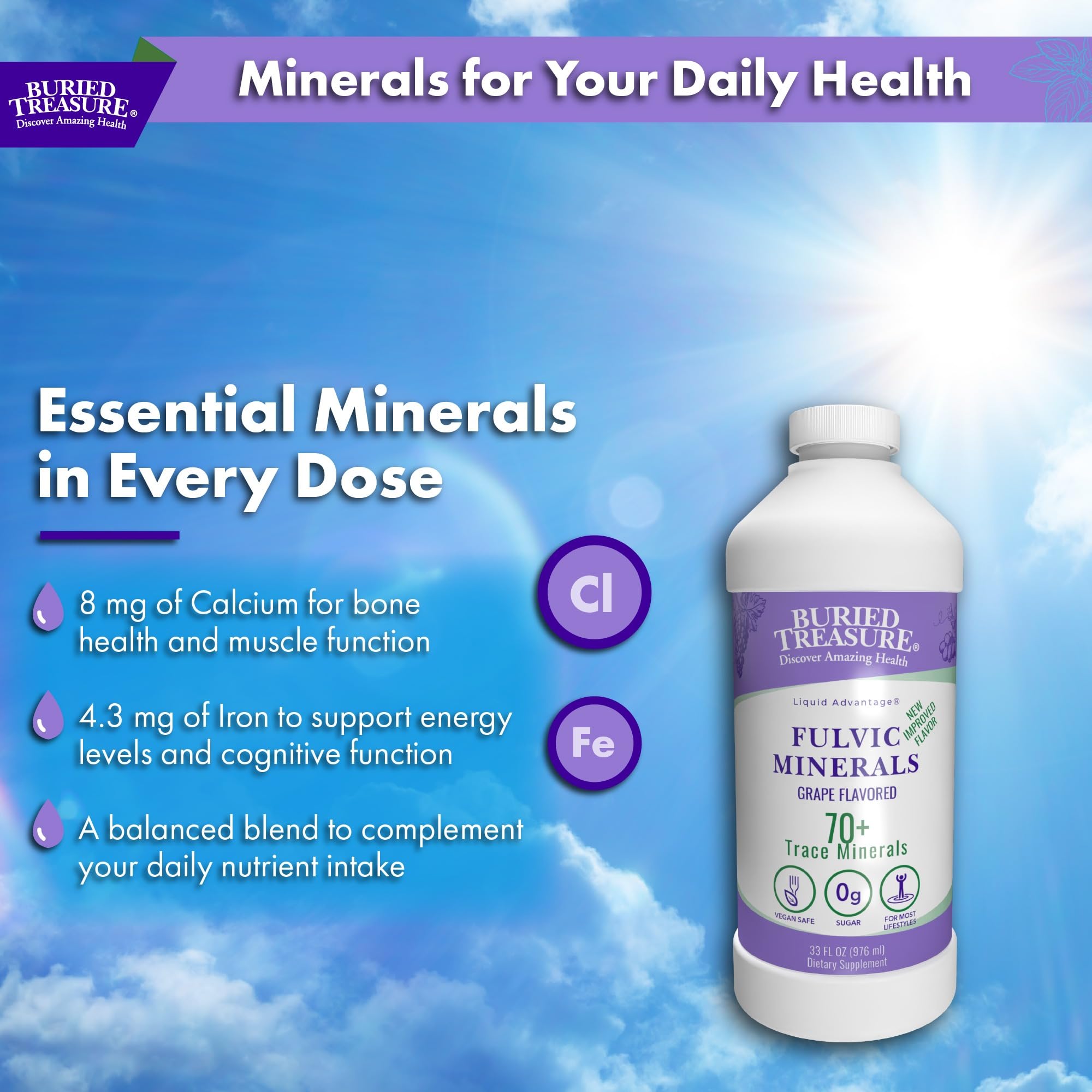 Buried Treasure Fulvic Minerals Grape Flavour drops in water