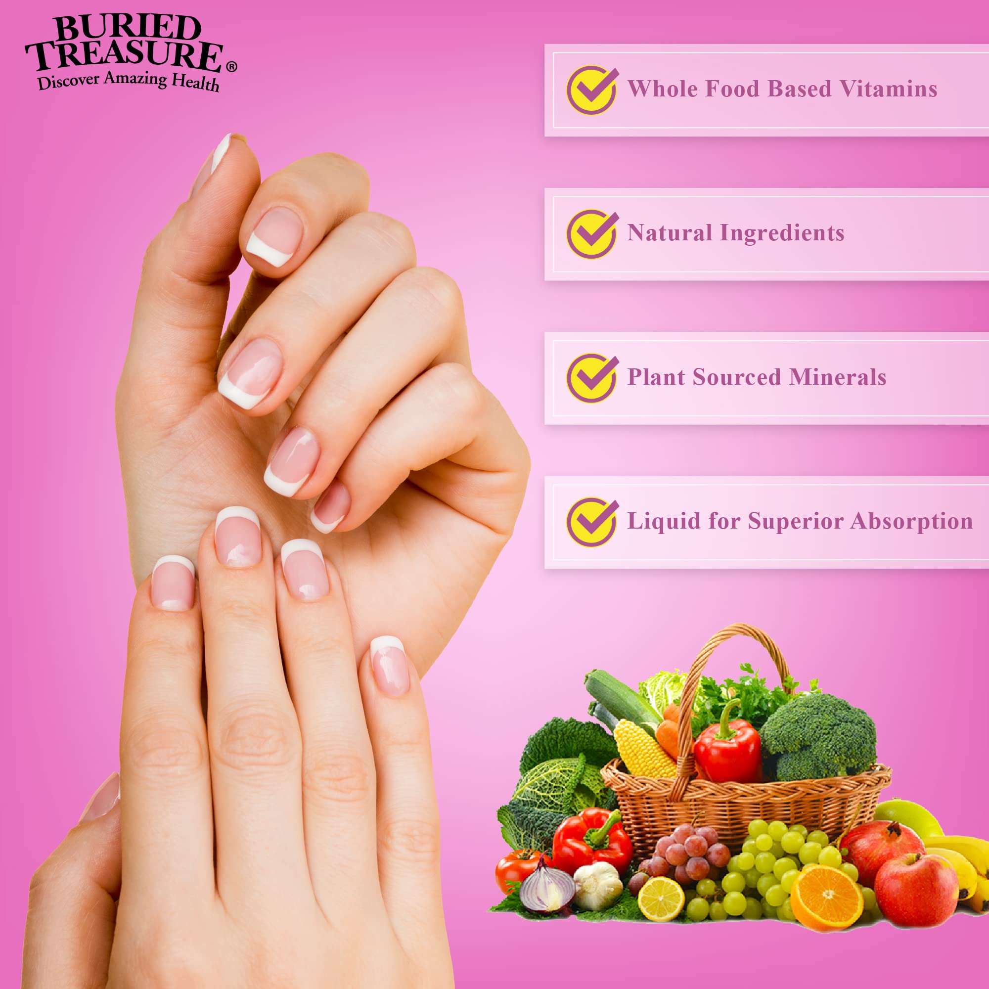 Buried Treasure Hair Skin and Nails liquid supplement back view with ingredient list
