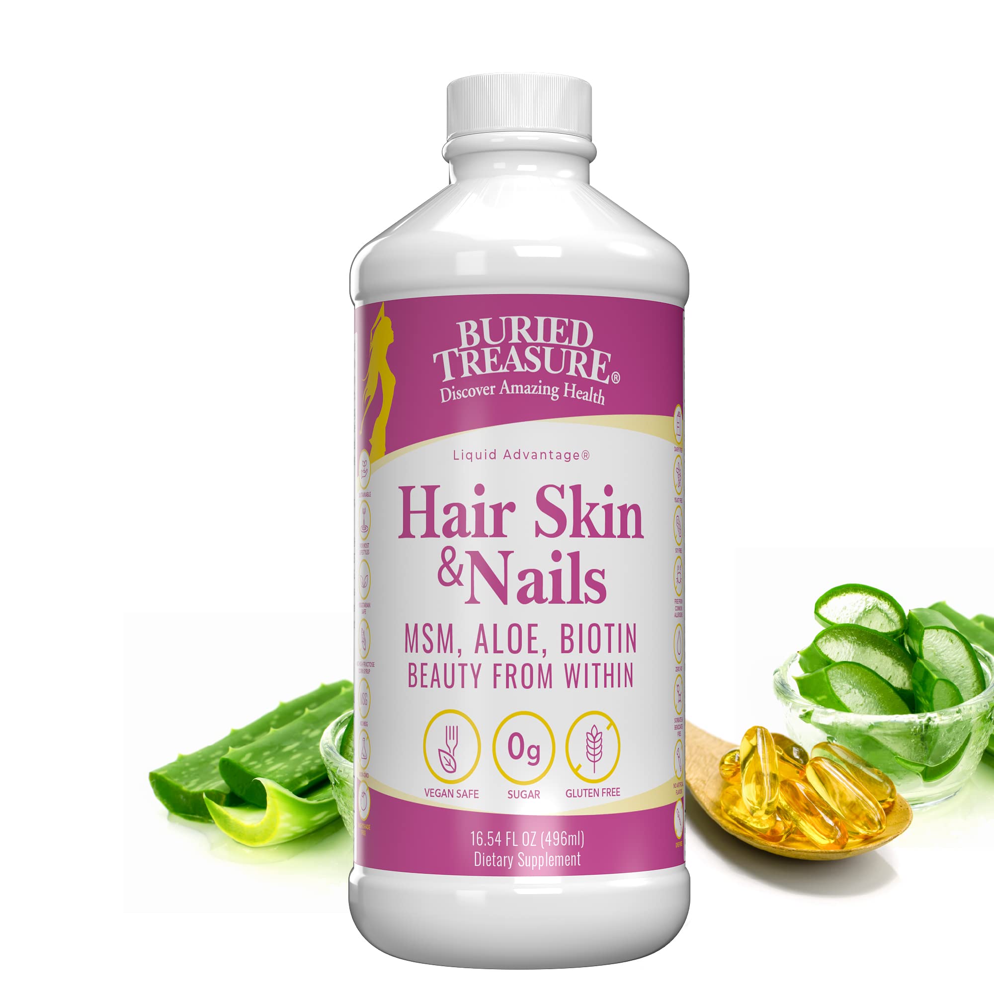 Buried Treasure Hair Skin and Nails liquid supplement front view 16 oz bottle