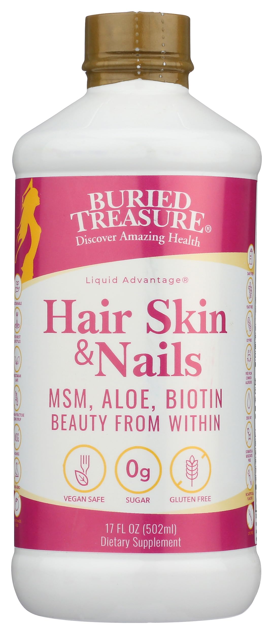 Buried Treasure Hair Skin and Nails liquid supplement pouring into a spoon
