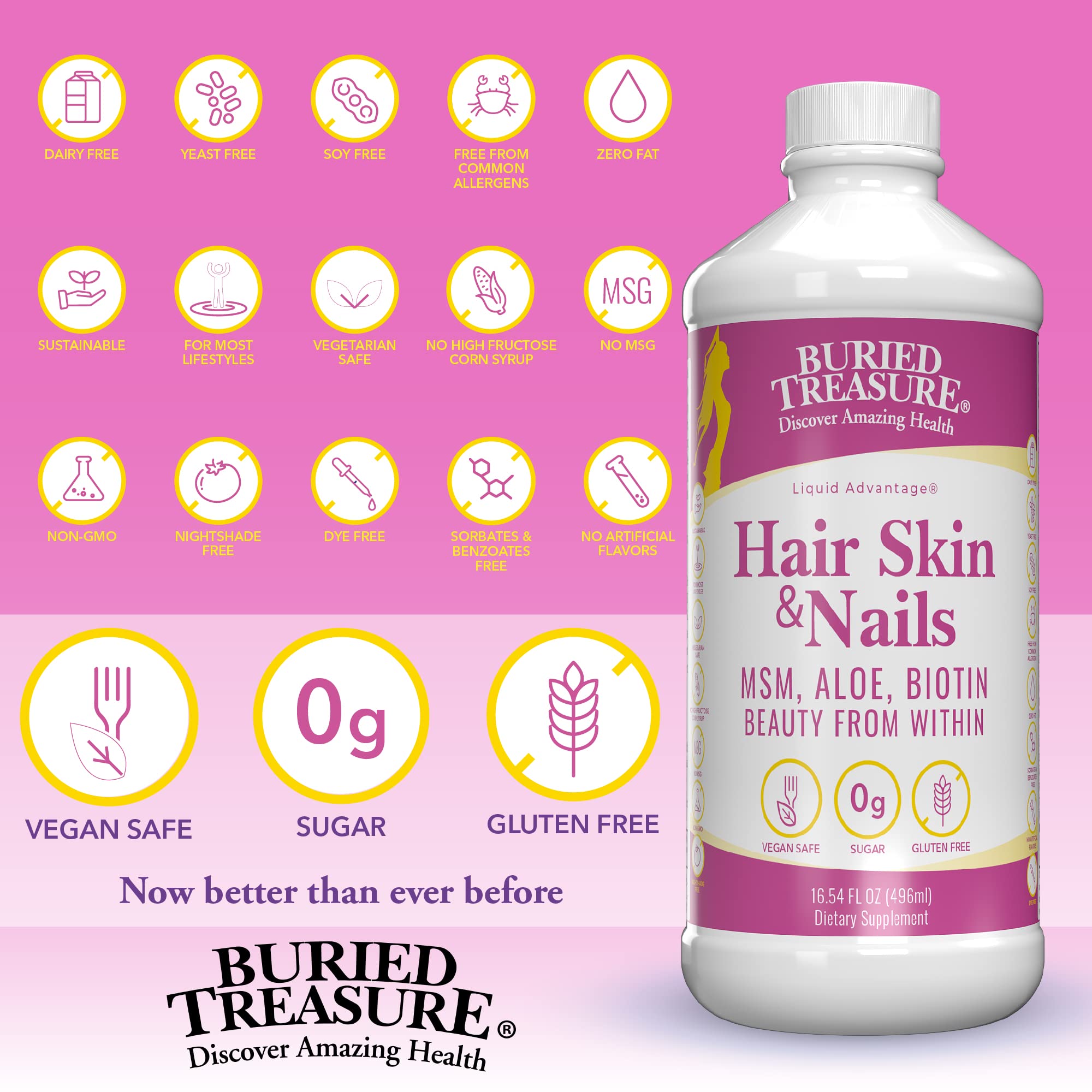 Buried Treasure Hair Skin and Nails liquid supplement side view showing label