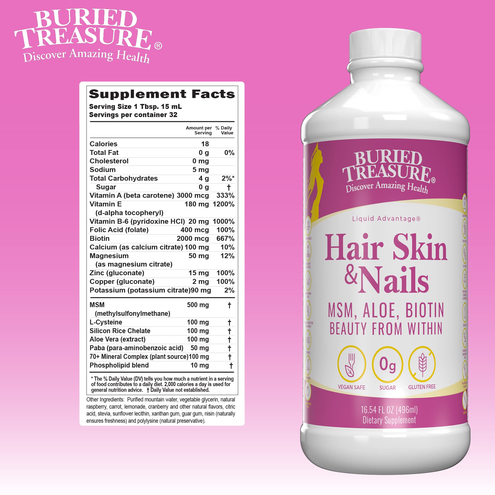 Buried Treasure Hair Skin and Nails liquid supplement with measuring spoon