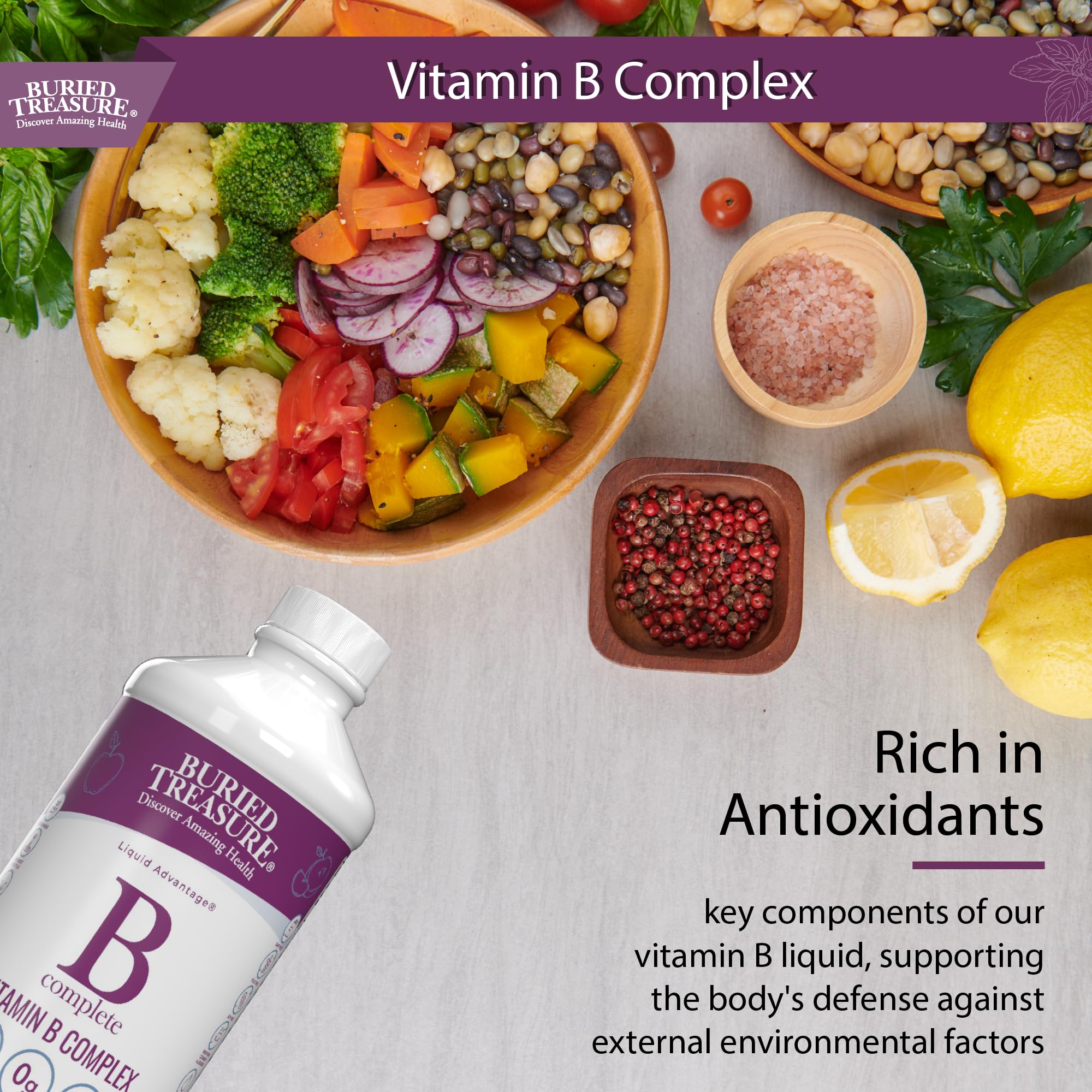 Buried Treasure Liquid Vitamin B Complex 454g in lifestyle setting