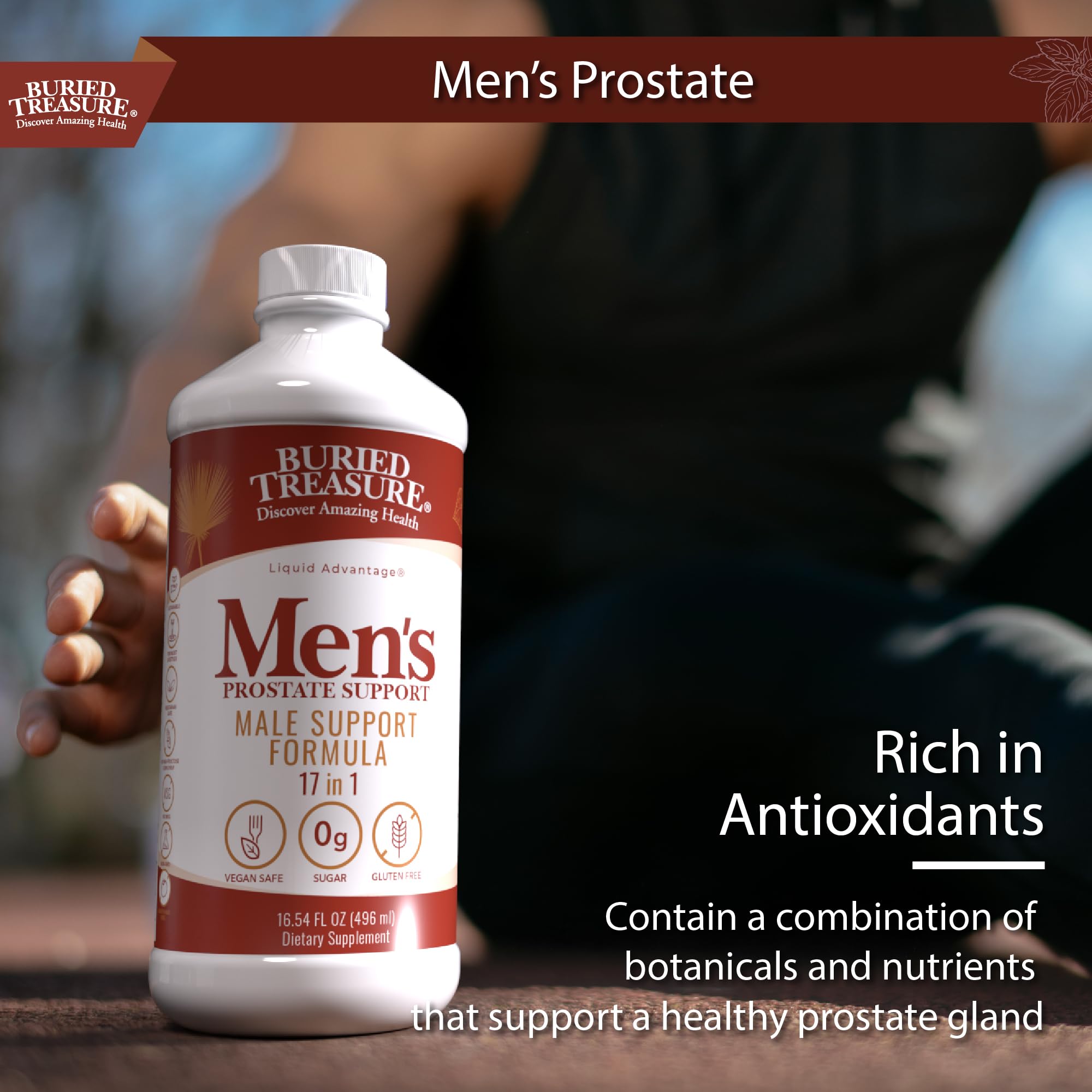 Buried Treasure Men’s Prostate liquid supplement pouring into a glass