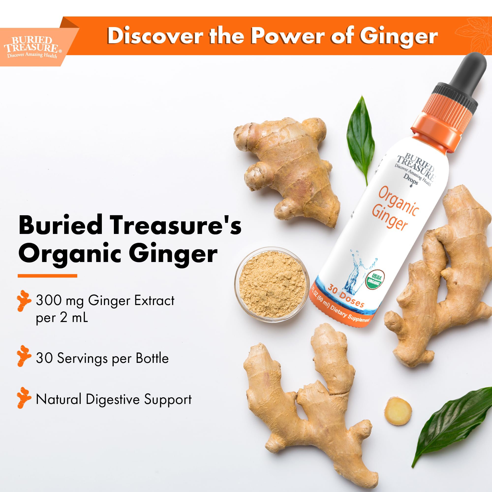 Buried Treasure Organic Ginger Drops 57g bottle side view