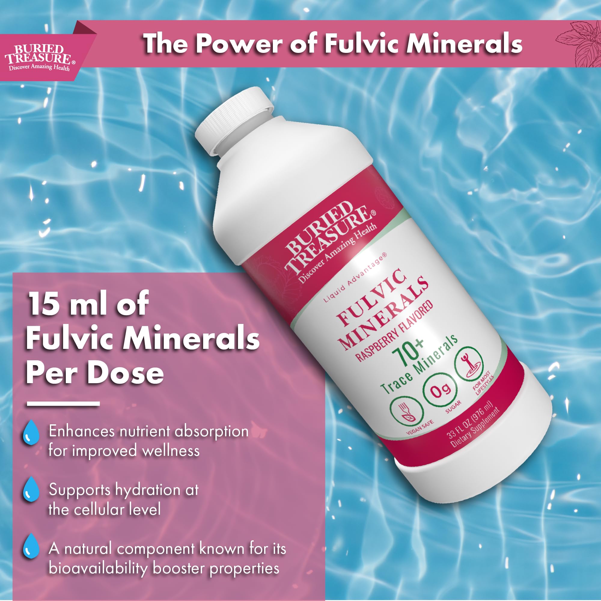 Buried Treasure Raspberry Fulvic Mineral Complex bottle with cap