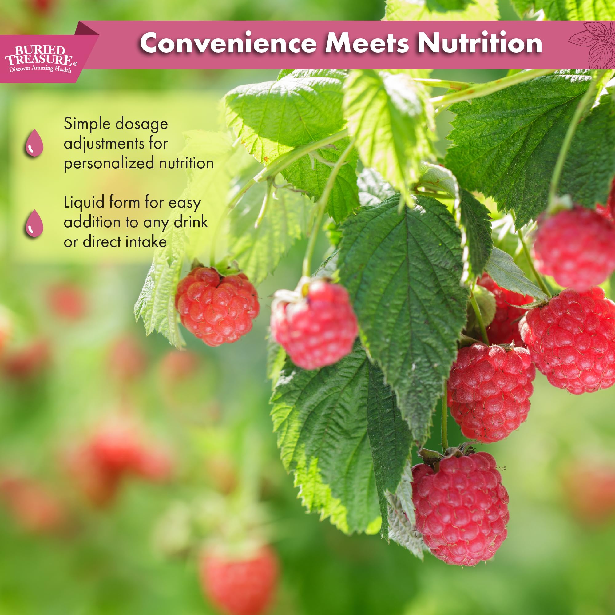Buried Treasure Raspberry Fulvic Mineral Complex in a glass of water