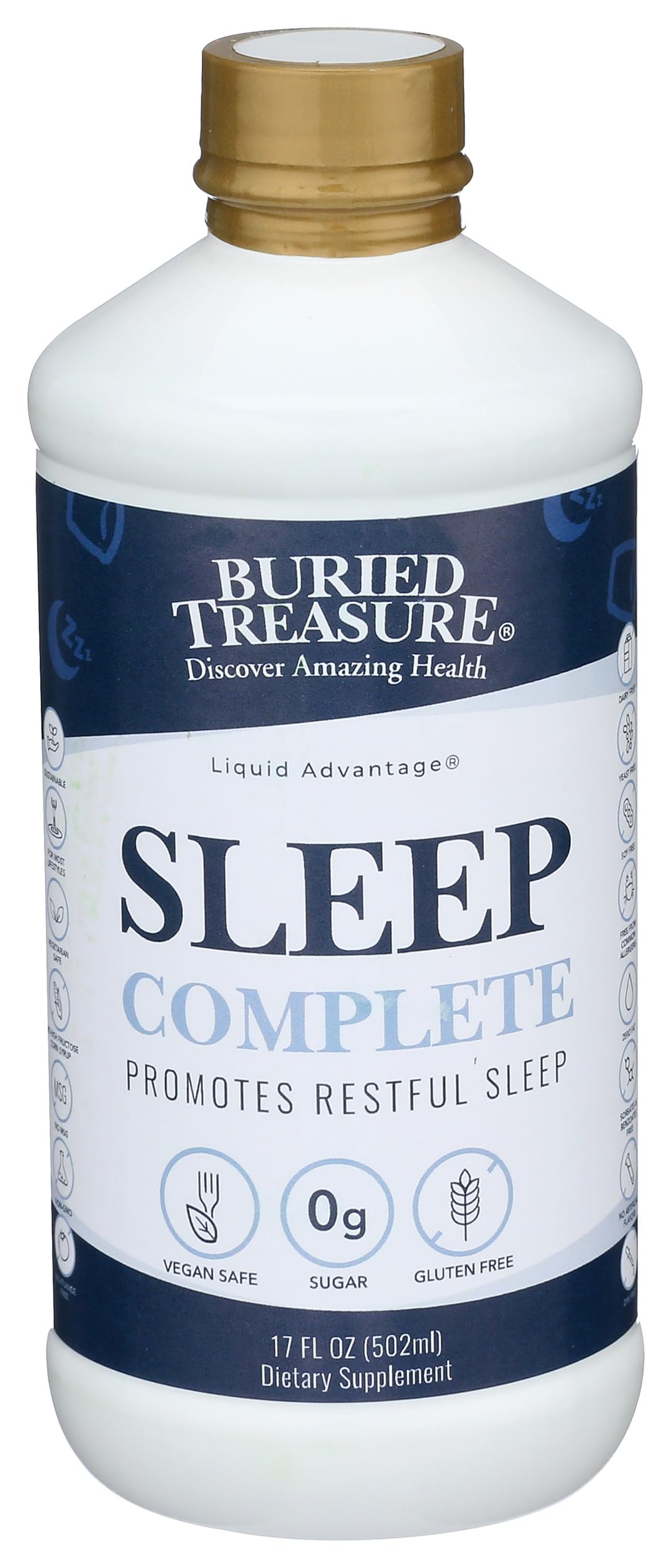 Buried Treasure Sleep Complete 16 oz bottle with a glass and measuring spoon