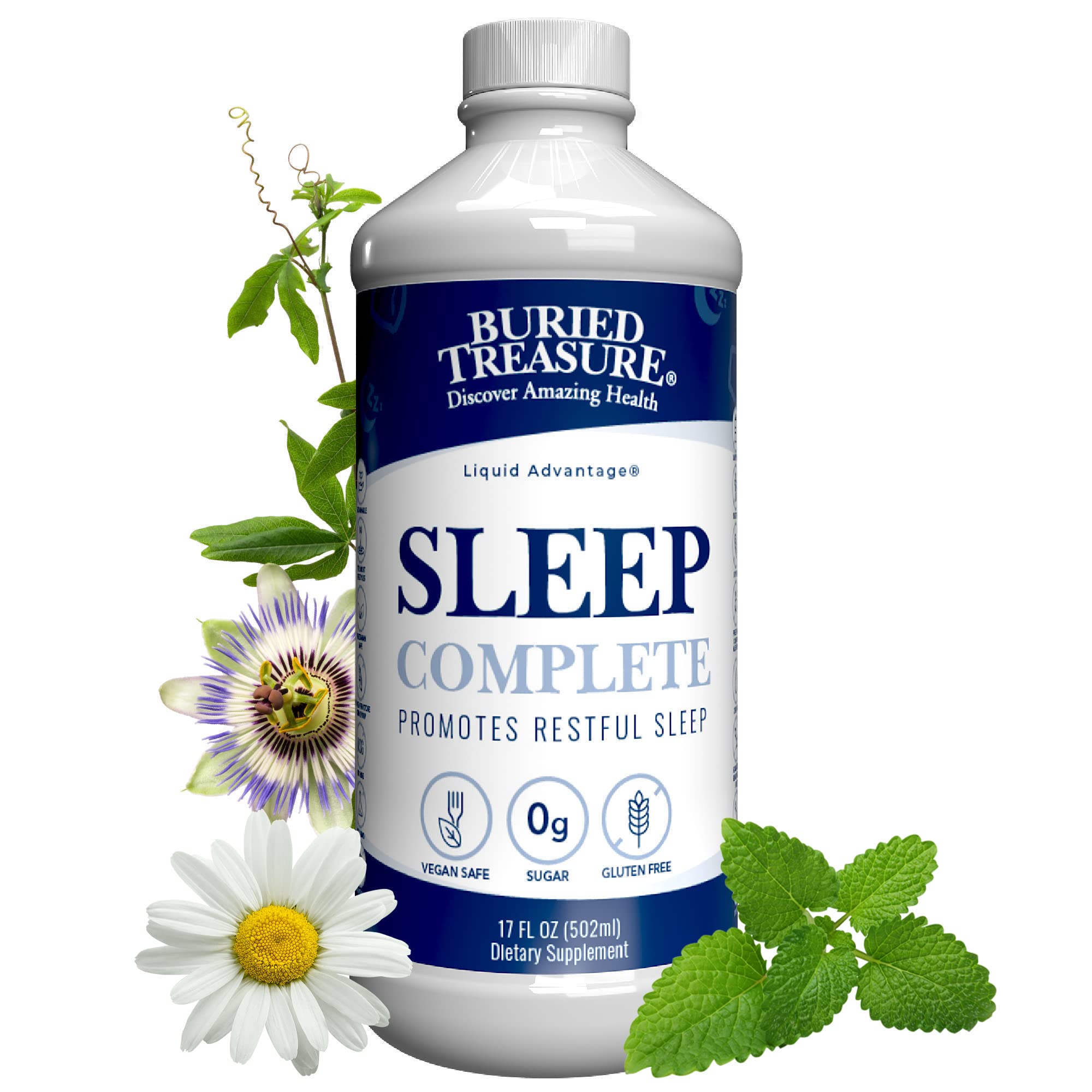 Buried Treasure Sleep Complete 16 oz front view with herbal ingredients