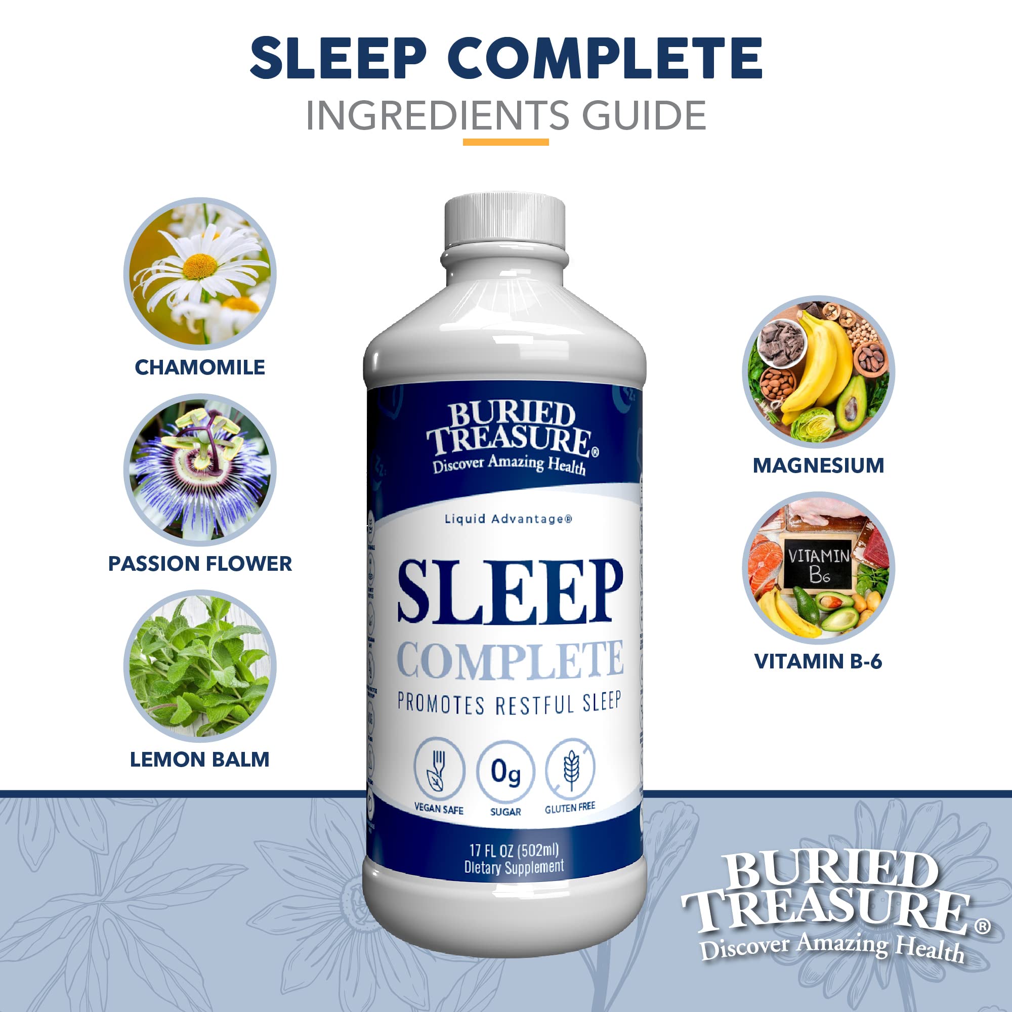 Buried Treasure Sleep Complete 16 oz with natural herbal ingredients on display