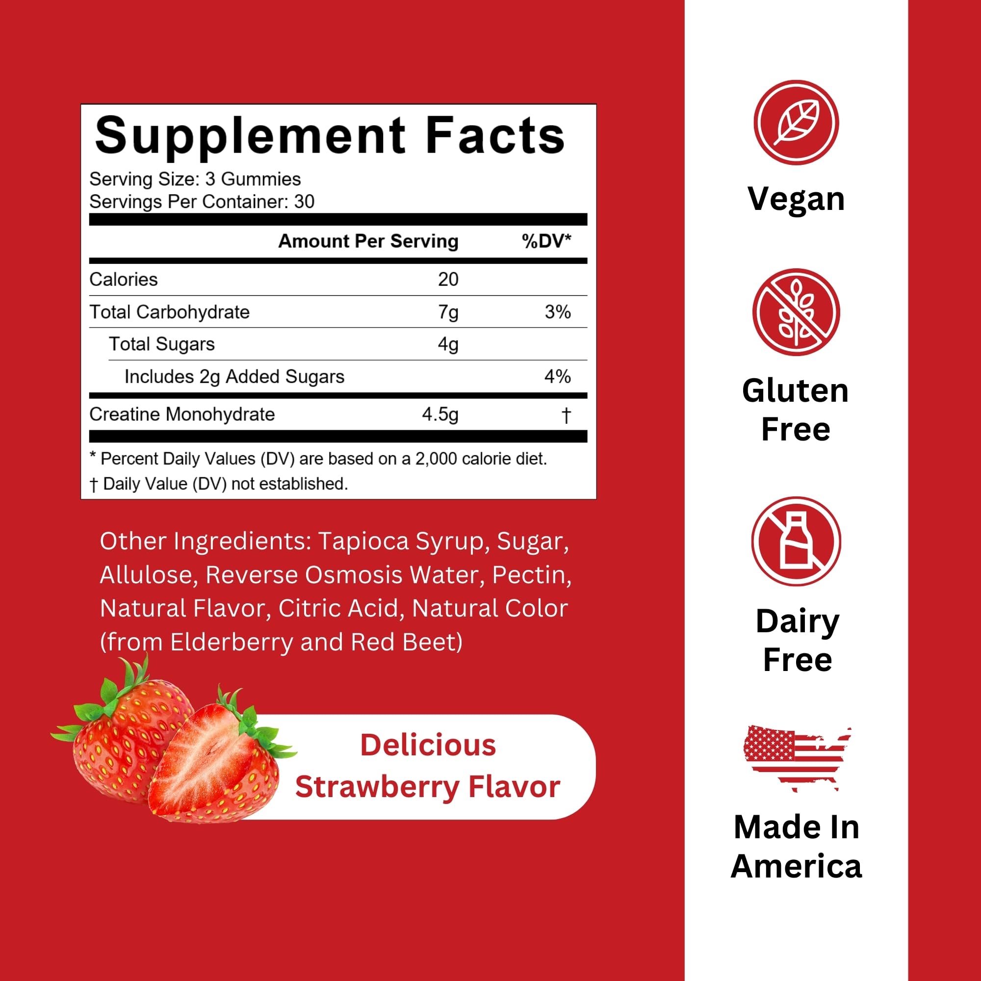 Burst Creatine Strawberry Gummies side view with nutritional information
