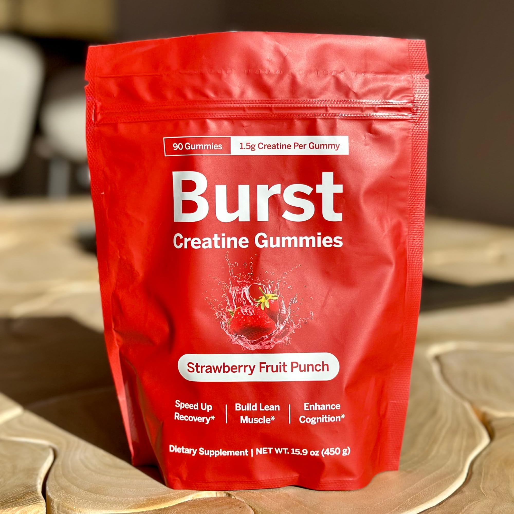 Burst Creatine Strawberry Gummies with fresh strawberries