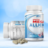 BuyNaturally Mega Allicin Garlic Capsules displayed with fresh garlic