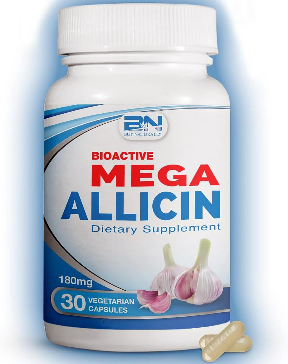 BuyNaturally Mega Allicin Garlic Capsules front view with packaging