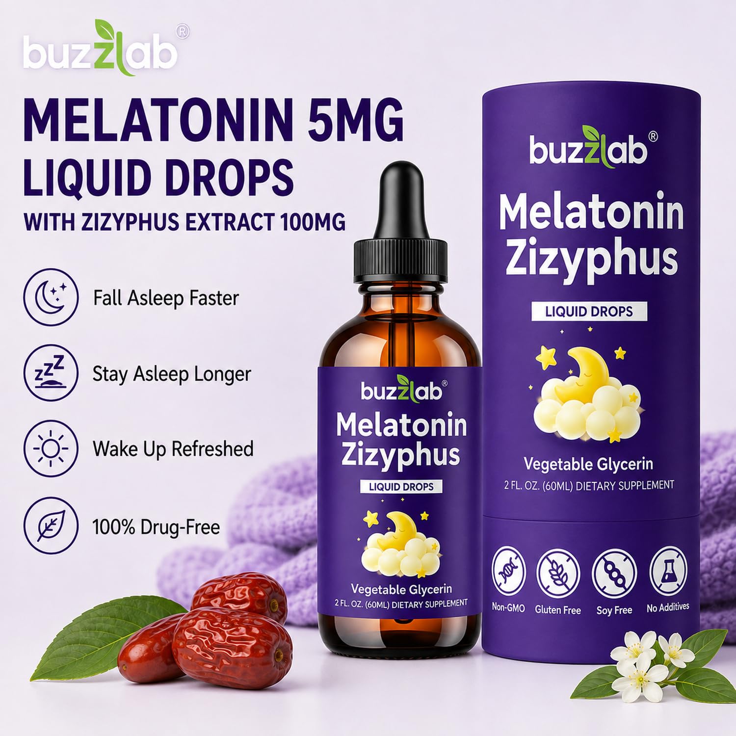buzzlab Melatonin 5mg Liquid Drops bottle side view