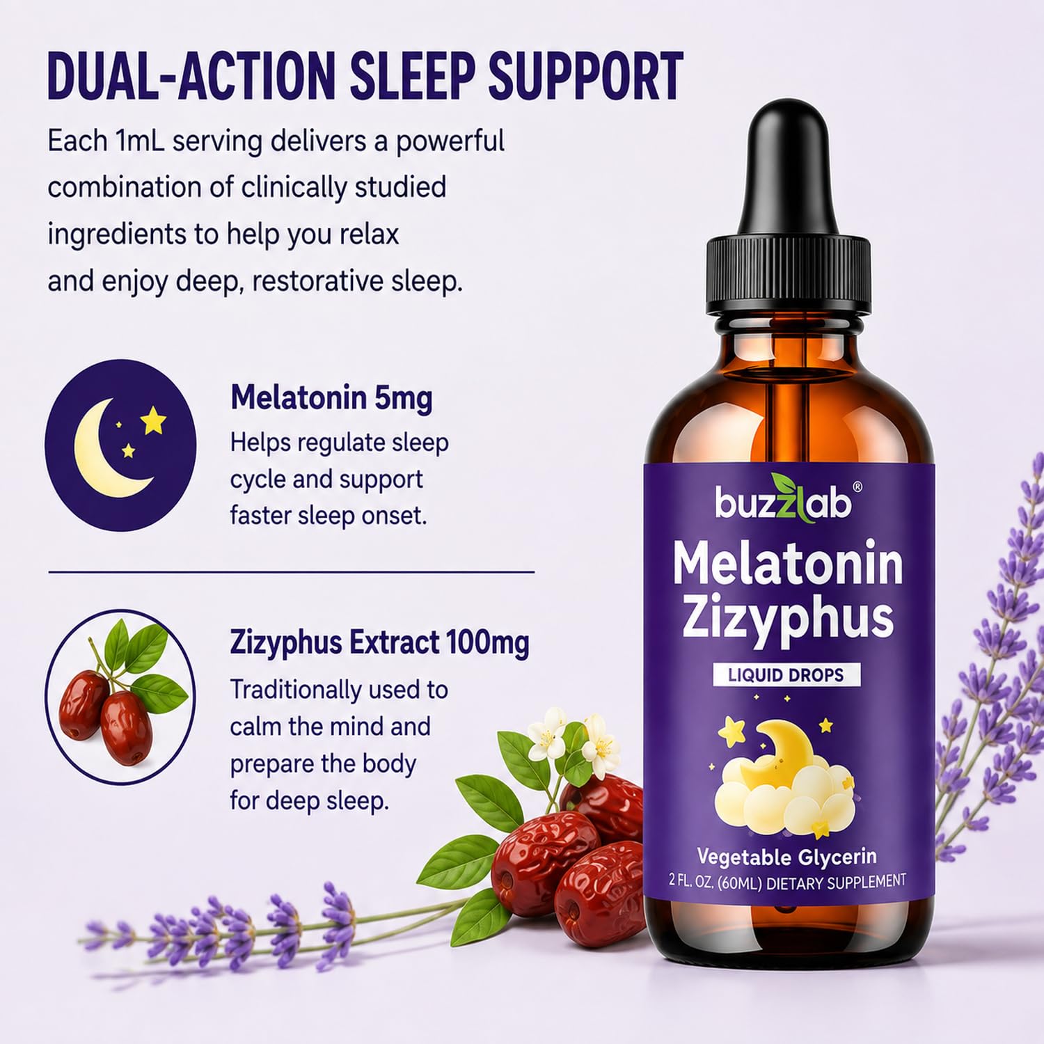 buzzlab Melatonin 5mg Liquid Drops dropper with measurement markings