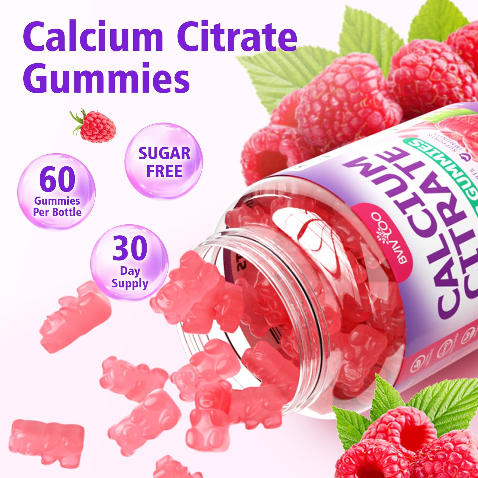 BVIVLOO Calcium Citrate Gummies with fresh raspberries