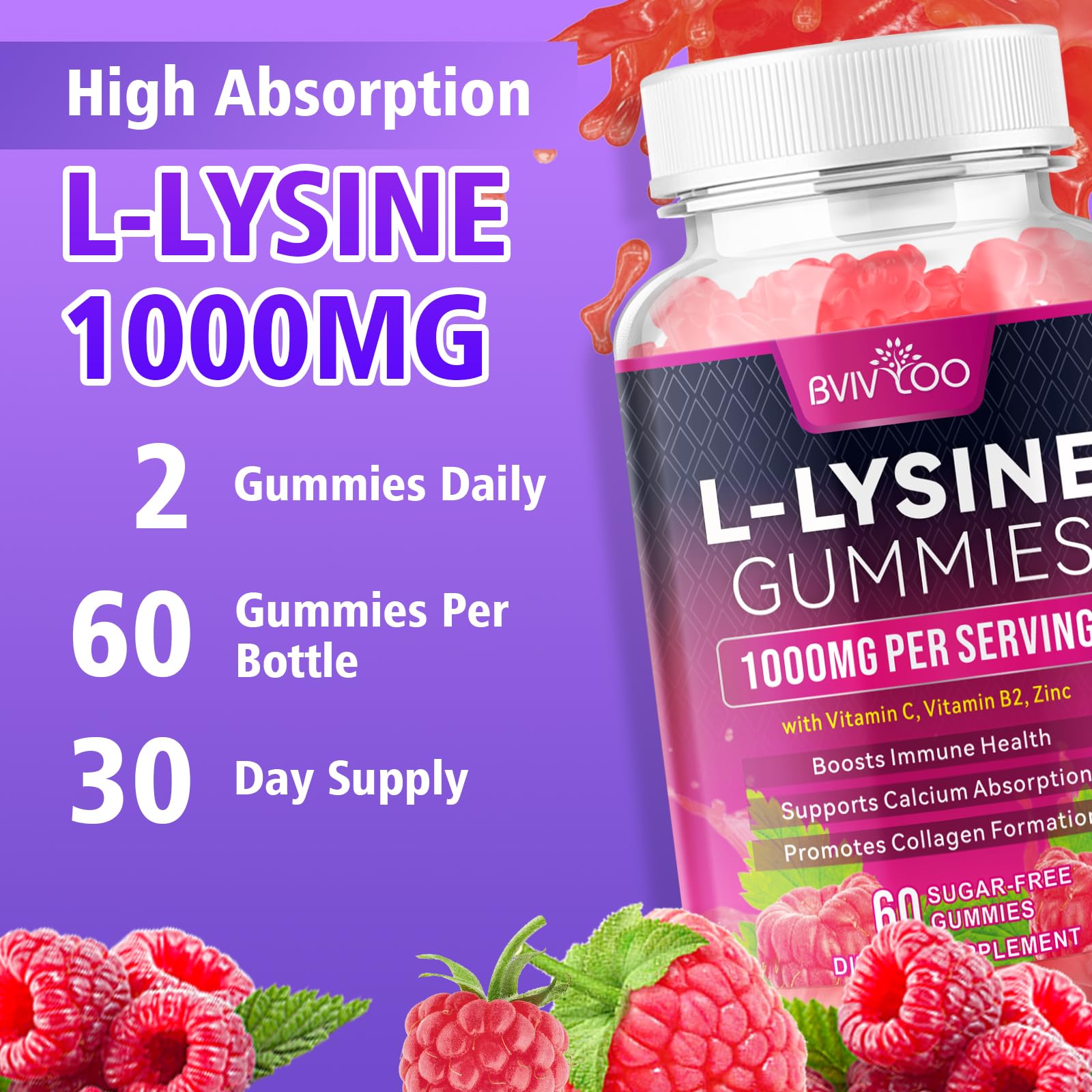 BVIVLOO L-Lysine Gummies displayed with fresh raspberries