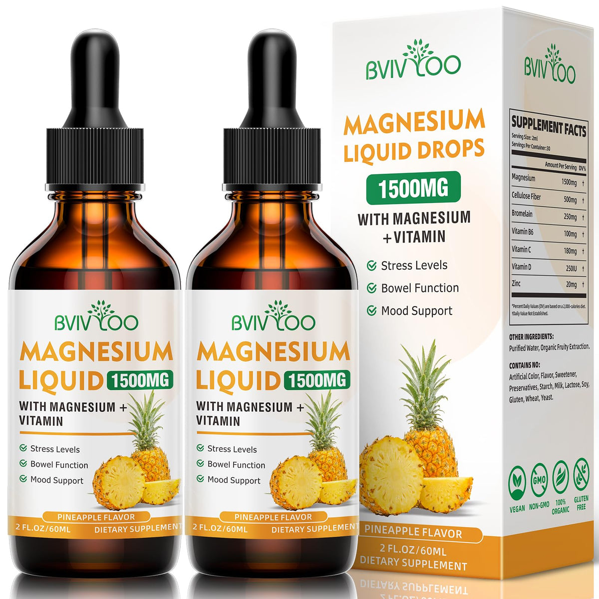 BVIVLOO Magnesium Drops 272g front view with pineapple flavour
