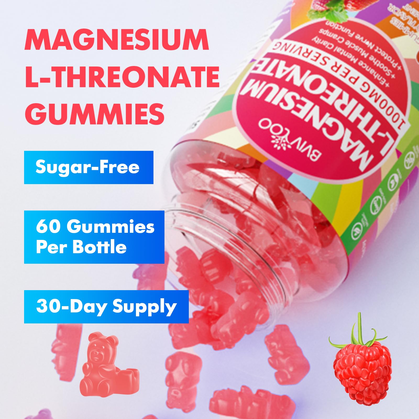 BVIVLOO Magnesium L-Threonate Gummies displayed with fresh raspberries