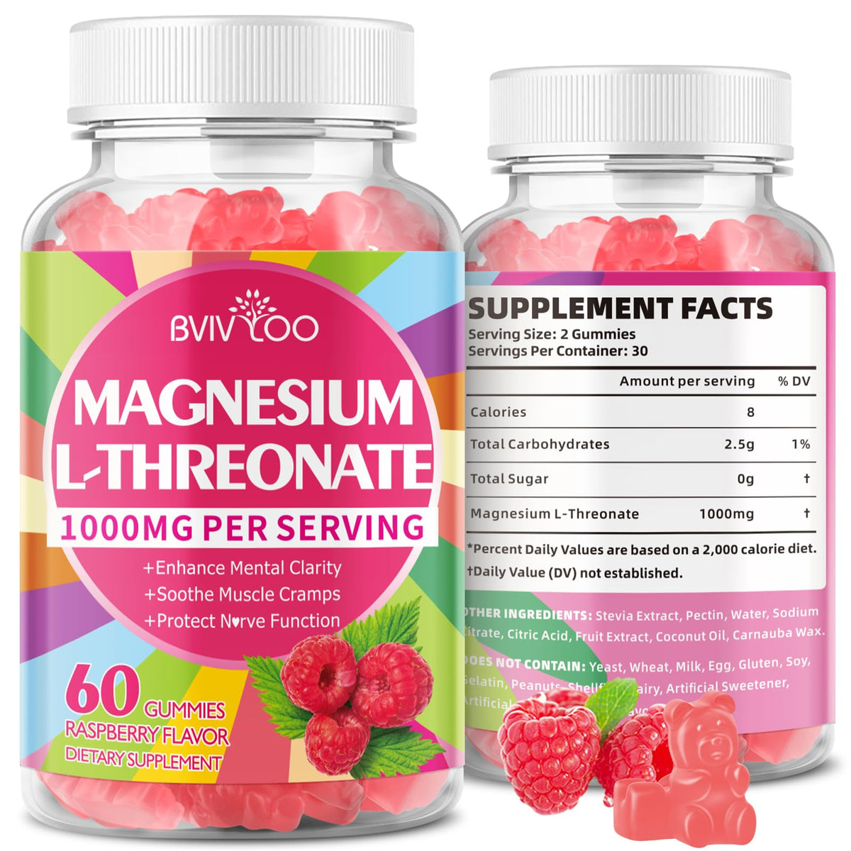 BVIVLOO Magnesium L-Threonate Gummies front view with raspberry flavour