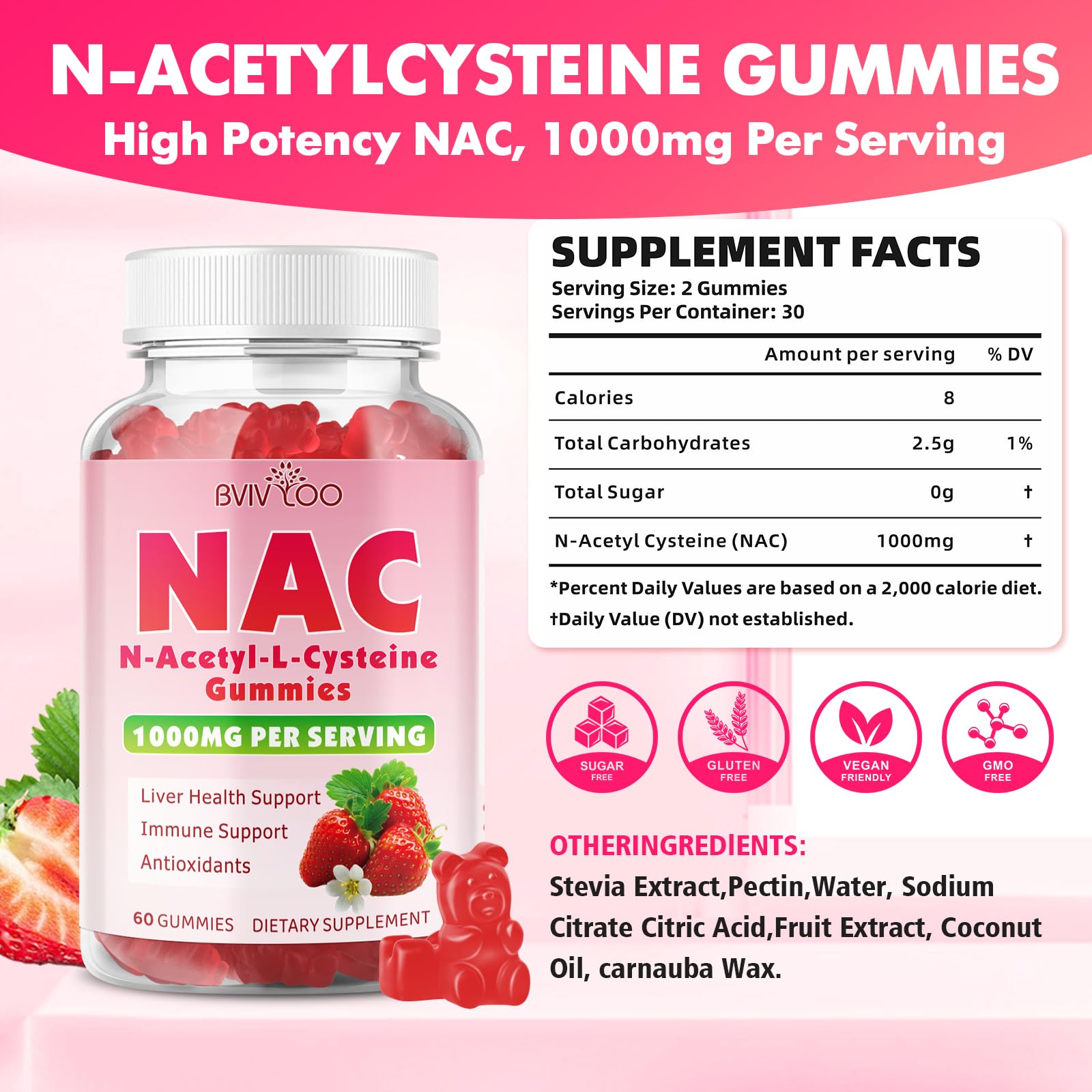 BVIVLOO NAC Gummies strawberry flavour gummies in a bowl