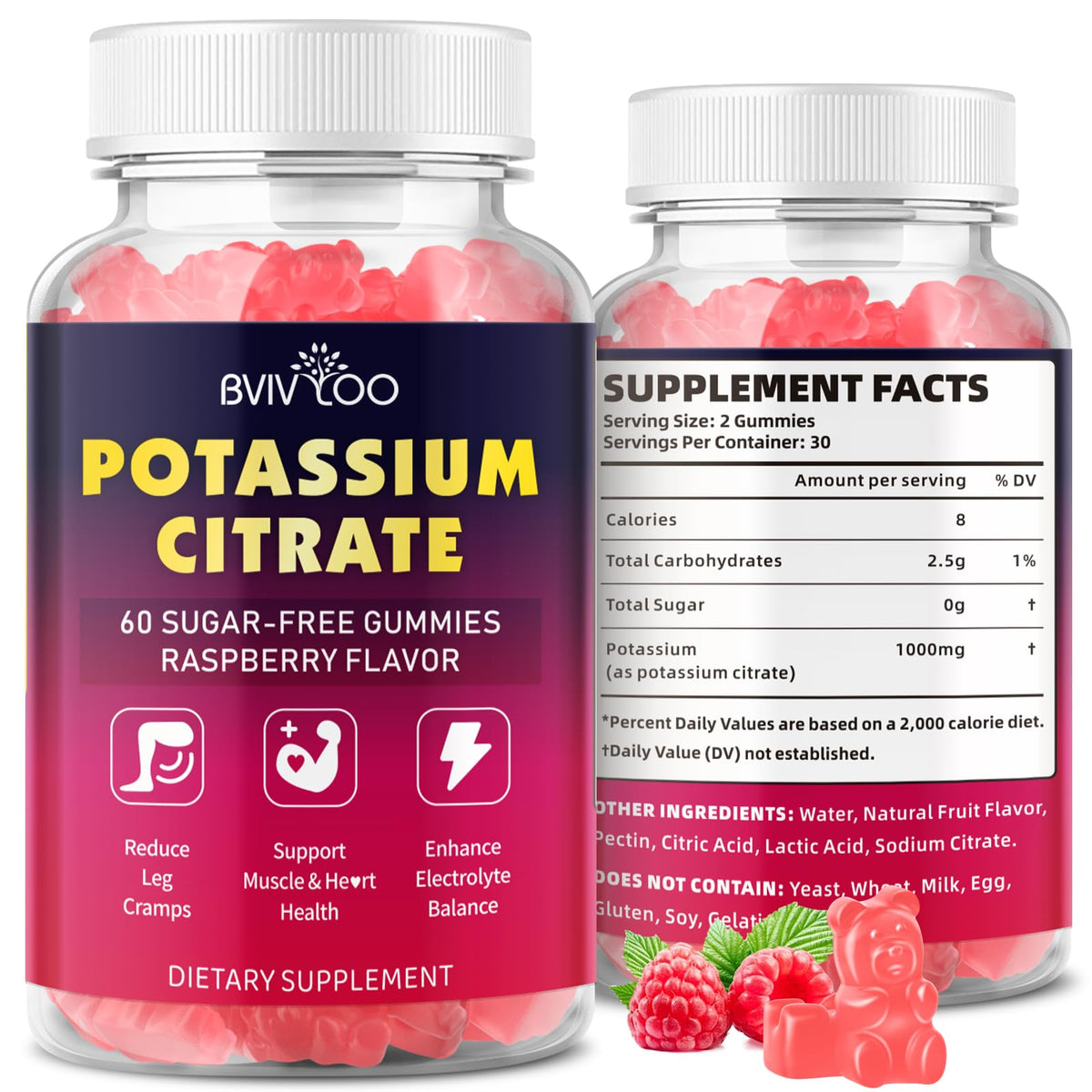 BVIVLOO Potassium Citrate Gummies front view with raspberry flavour