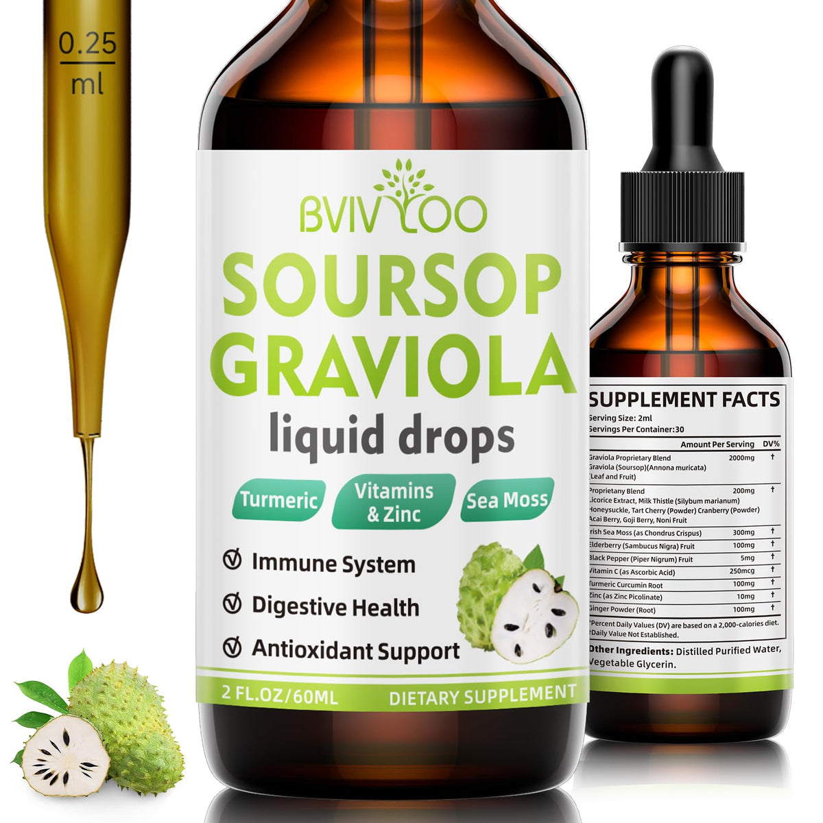 BVIVLOO Soursop Graviola Liquid Drops 2000mg front view
