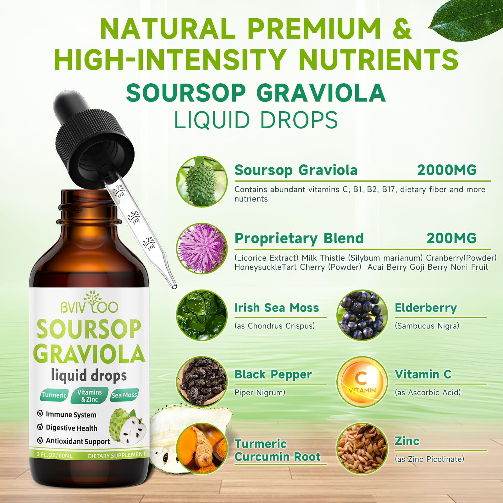 BVIVLOO Soursop Graviola Liquid Drops bottle side view