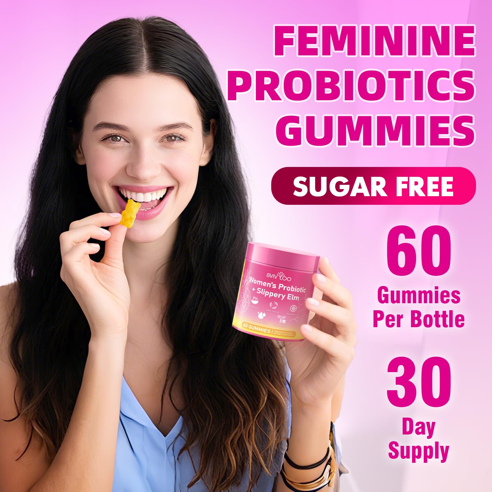 BVIVLOO Women Probiotics Slippery Elm Gummies with tropical fruits