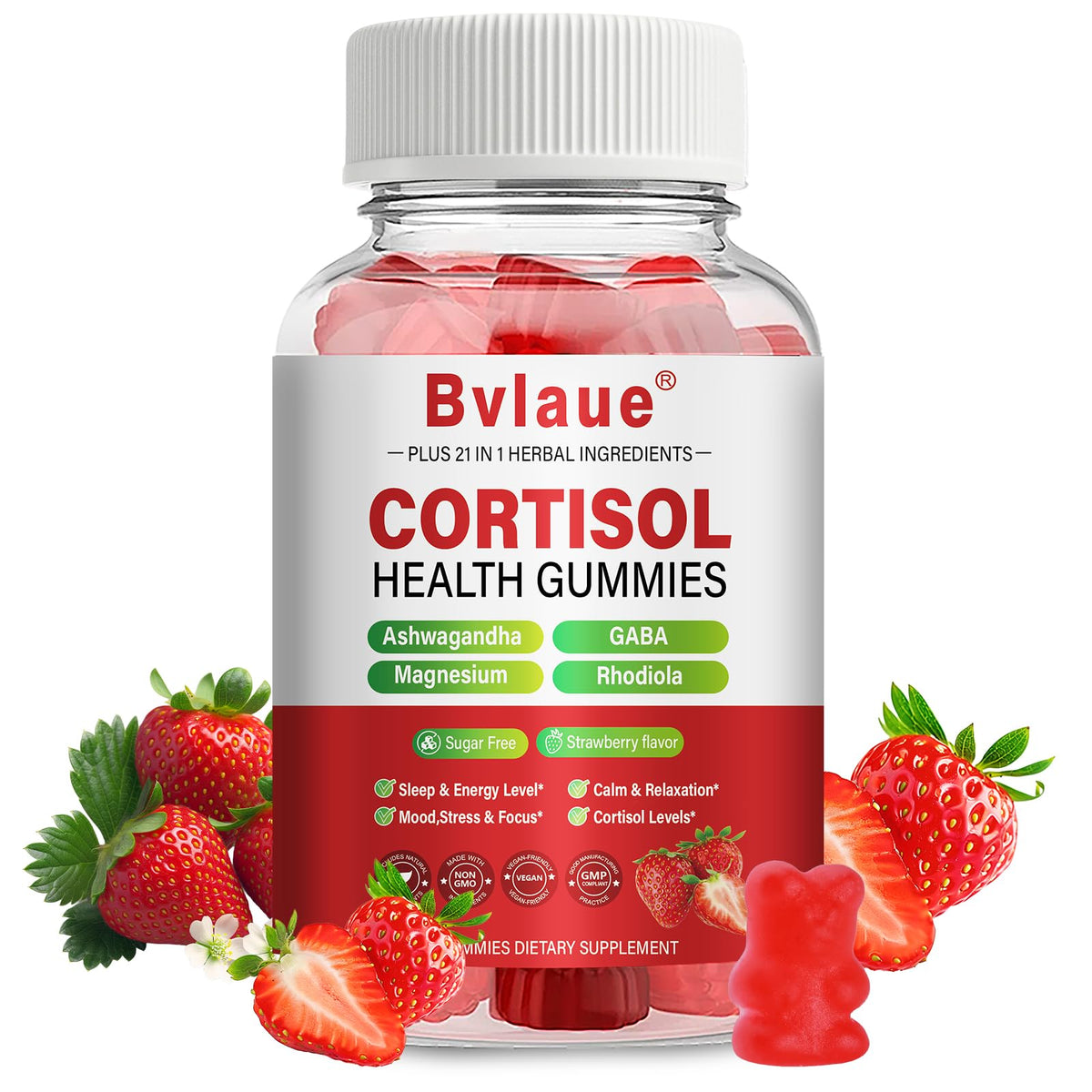Bvlaue Cortisol Supplements 90 count strawberry flavour gummies front view