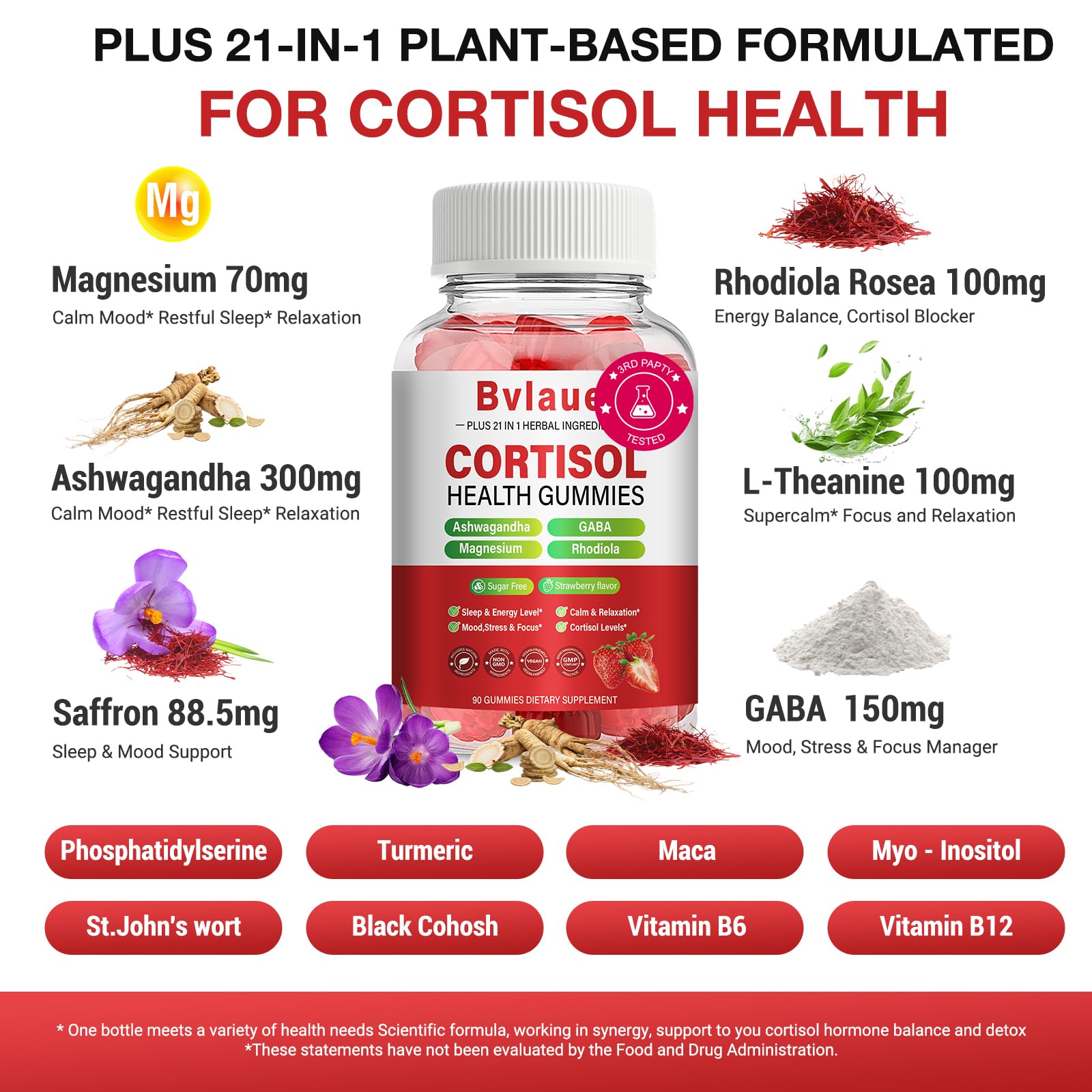Bvlaue Cortisol Supplements bottle with label showing ingredients