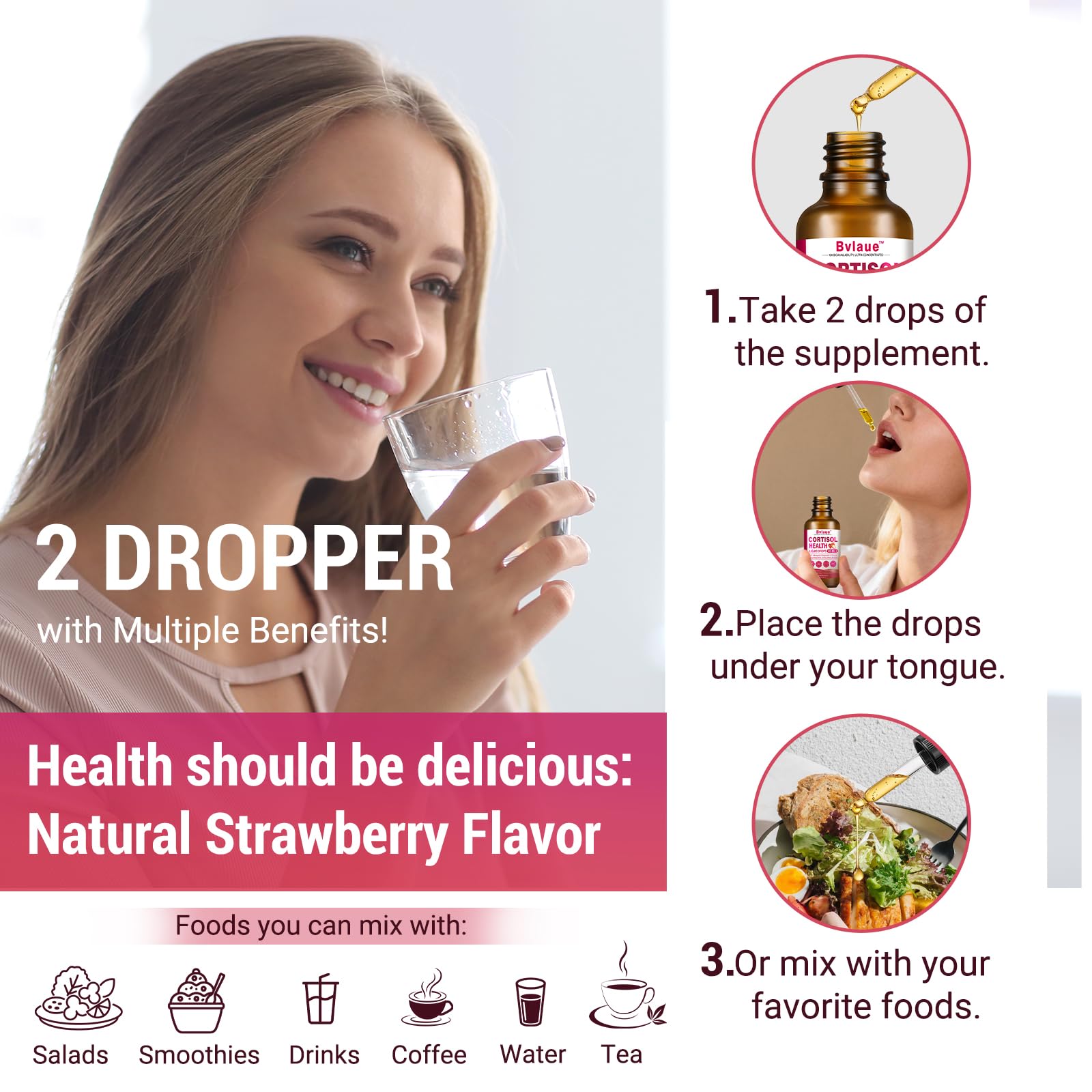 Bvlaue Cortisol Supplements liquid drop with strawberries