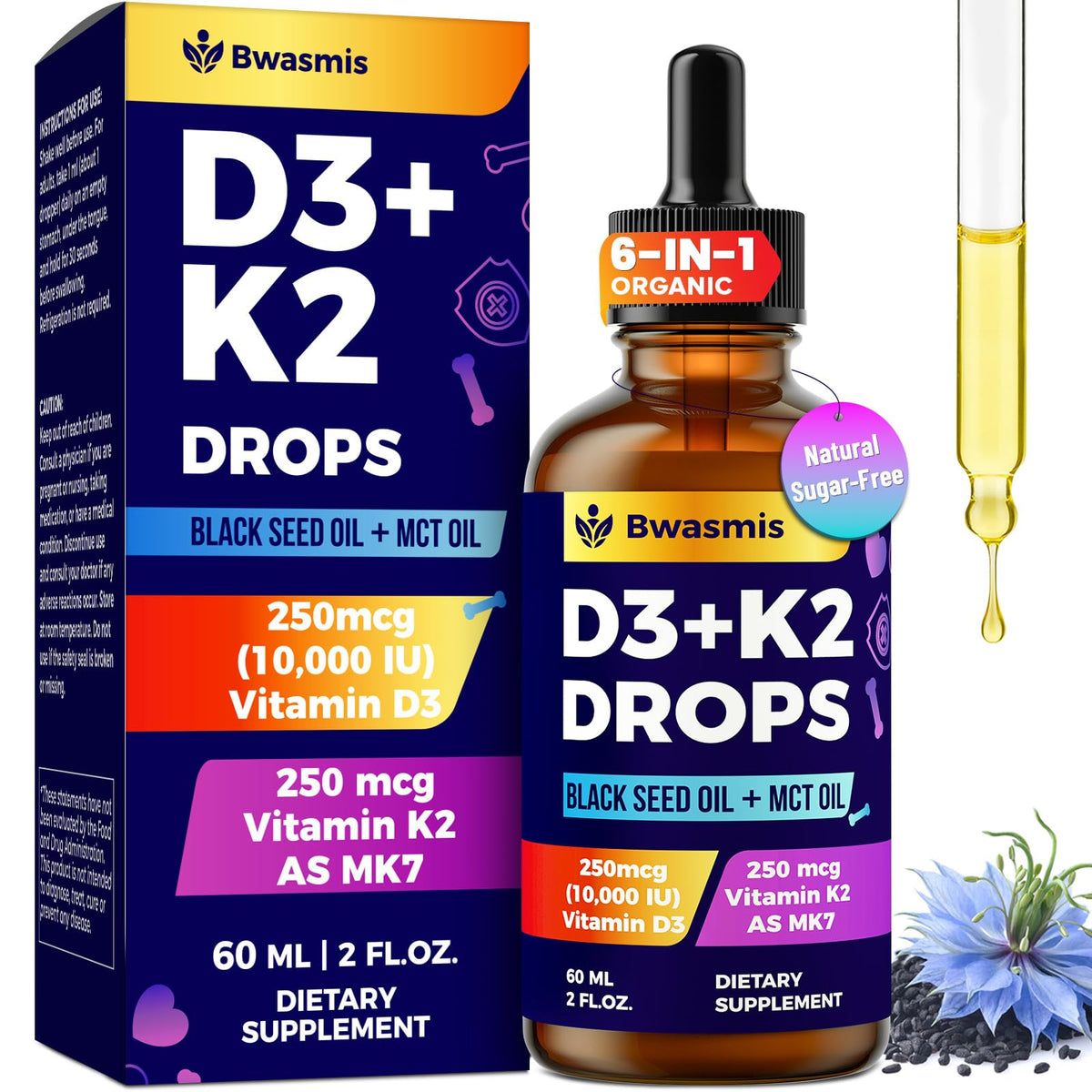 Bwasmis Vitamin D3 K2 Drops front view with packaging