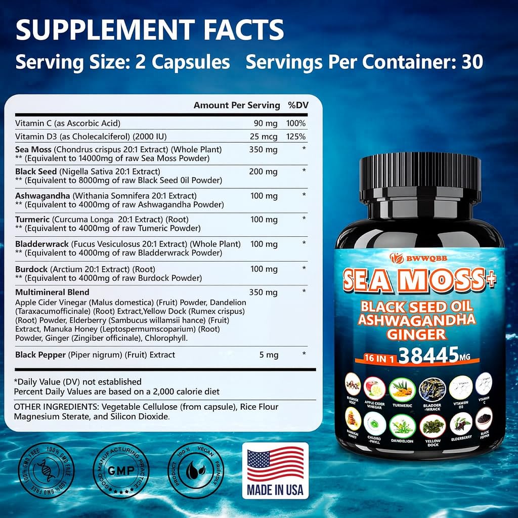 BWWQBB Ashwagandha Sea Moss Complex bottle with label