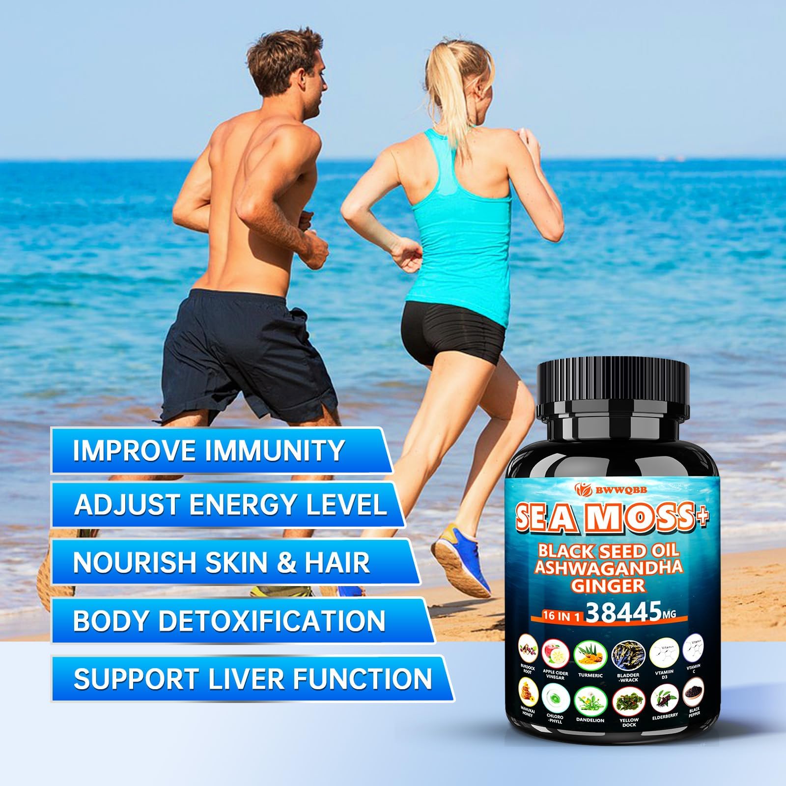 BWWQBB Ashwagandha Sea Moss Complex capsules in a hand