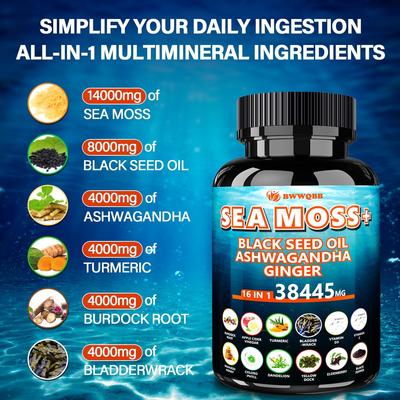 BWWQBB Ashwagandha Sea Moss Complex capsules on a wooden surface