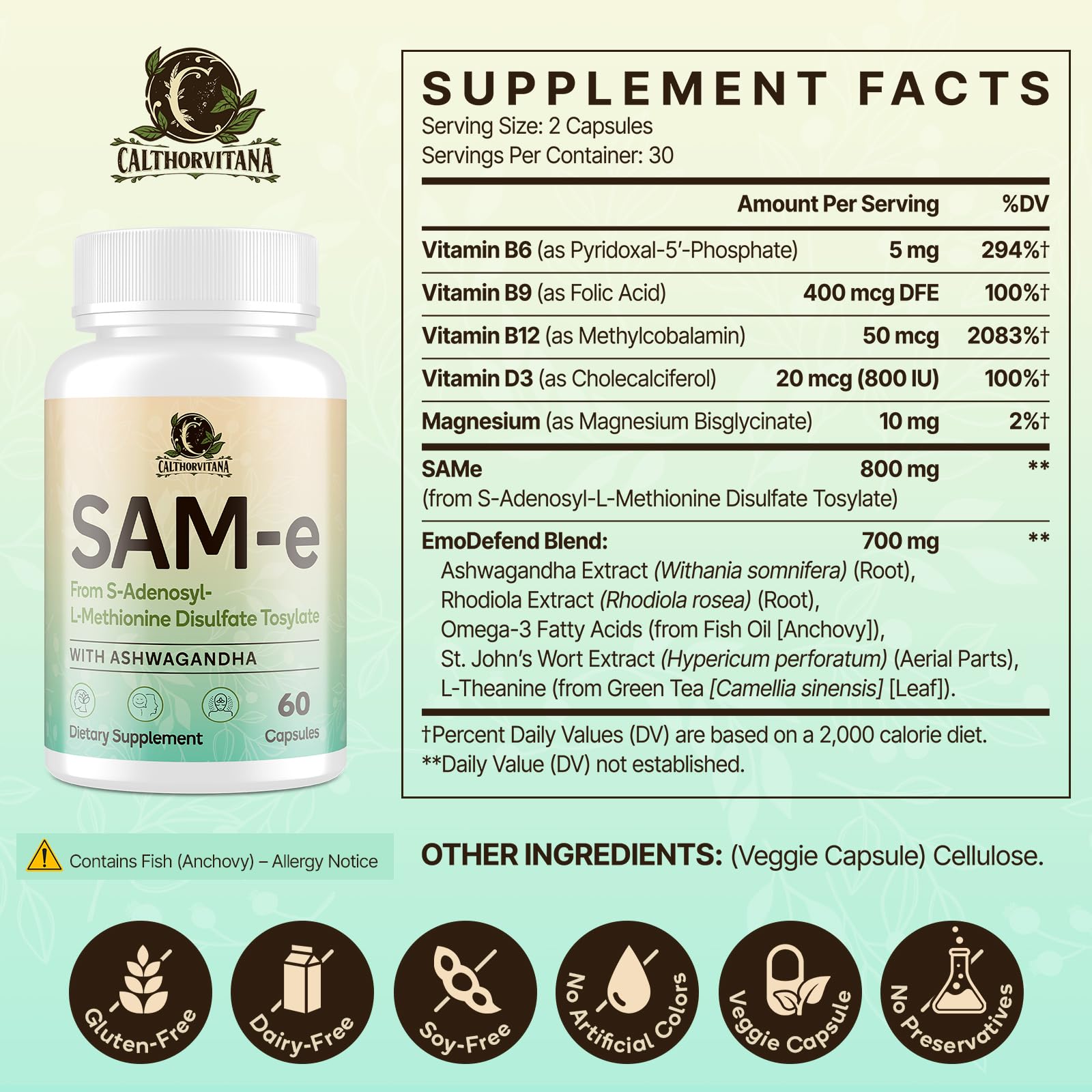 C Calthorvitana SAM-e blended vitamin and mineral supplement capsules in hand